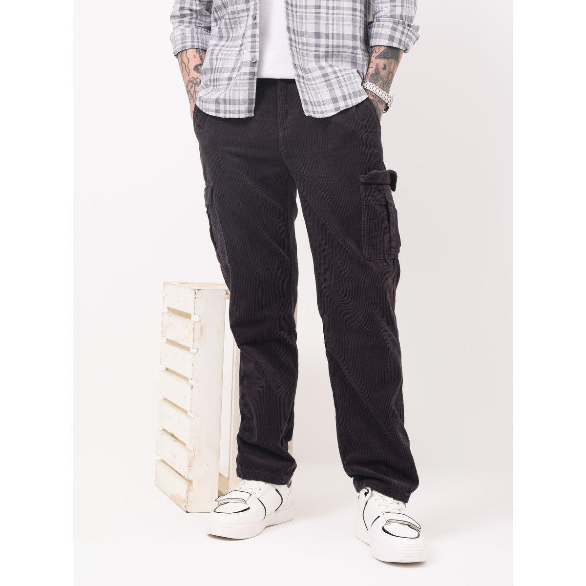 British Club Men Black Straight Fit Corduroy Cargo Trousers-men-clothing-bottoms-trousersandchinos-trousers-image-3