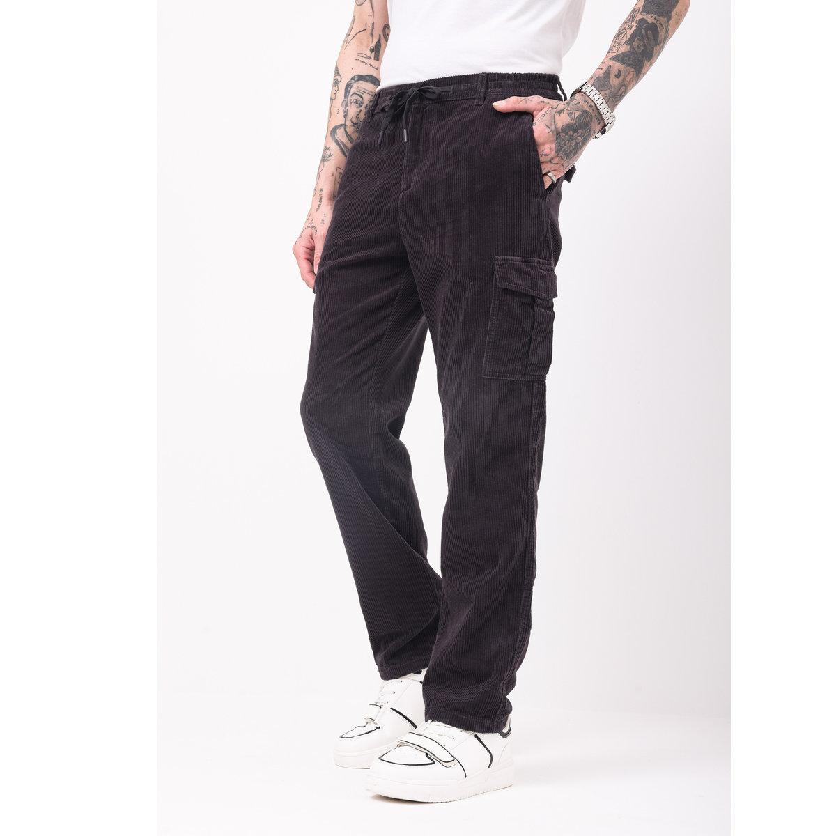 British Club Men Black Straight Fit Corduroy Cargo Trousers-men-clothing-bottoms-trousersandchinos-trousers-image-6