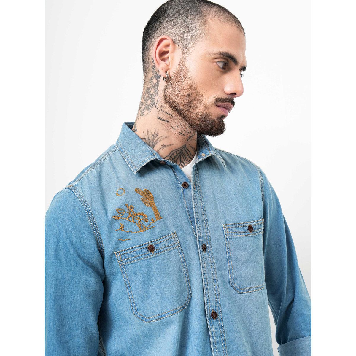 British Club Slogan Print Regular Fit Denim Shirt with Chest Pockets-men-clothing-shirts-image-6
