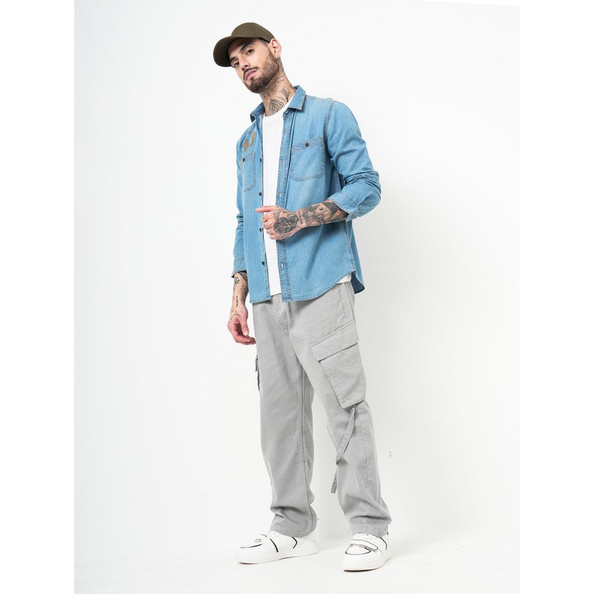 British Club Slogan Print Regular Fit Denim Shirt with Chest Pockets-men-clothing-shirts-image-8