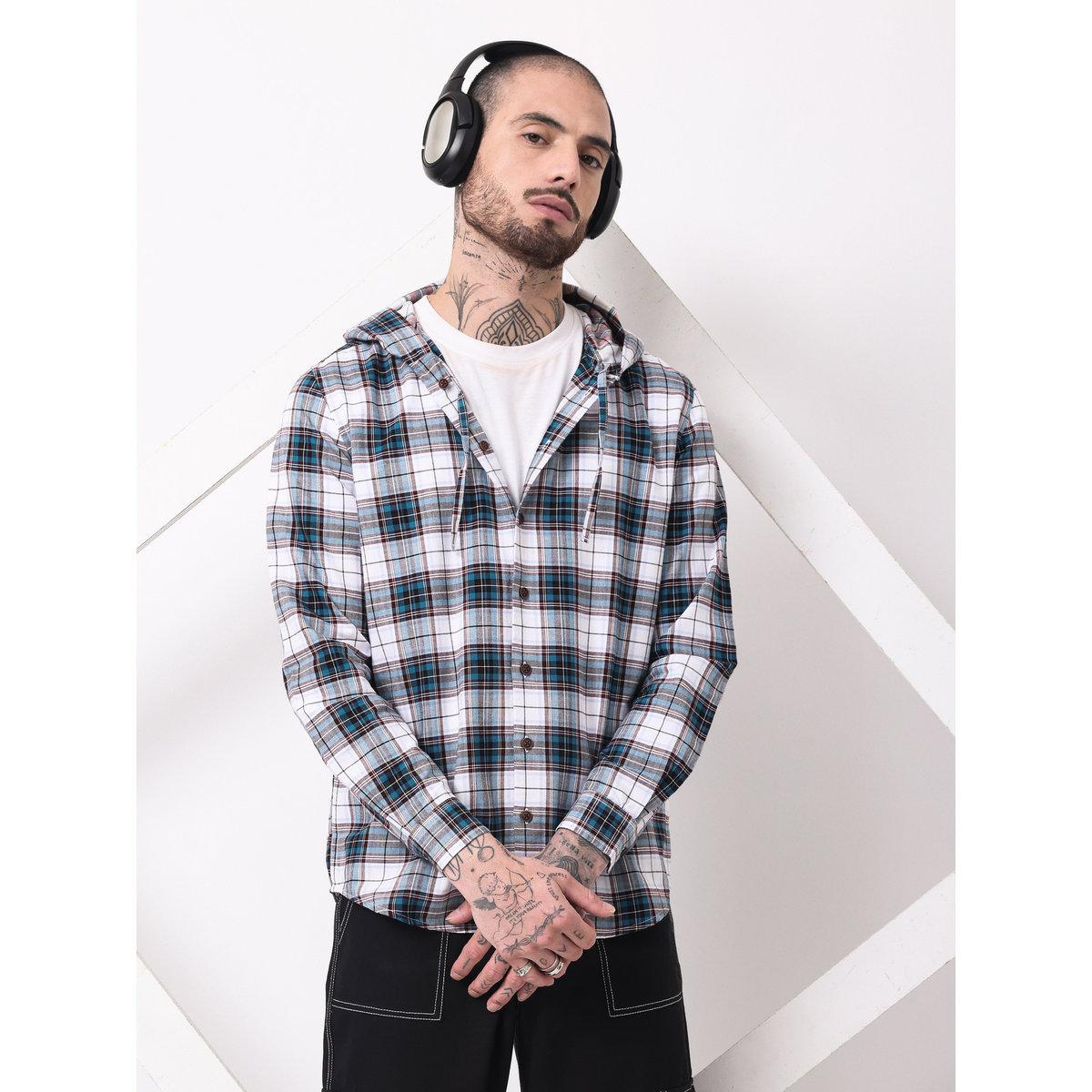قميص بطبعة مربعات وياقة هودي-men-clothing-shirts-image-1