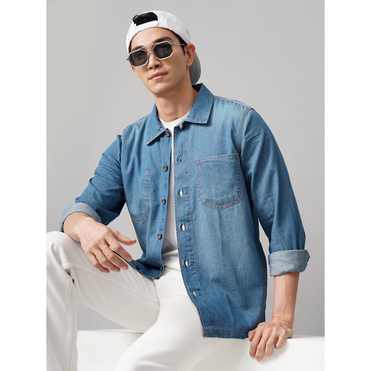 قميص دنيم فضفاض بجيب على الصدر-men-clothing-shirts-image-1