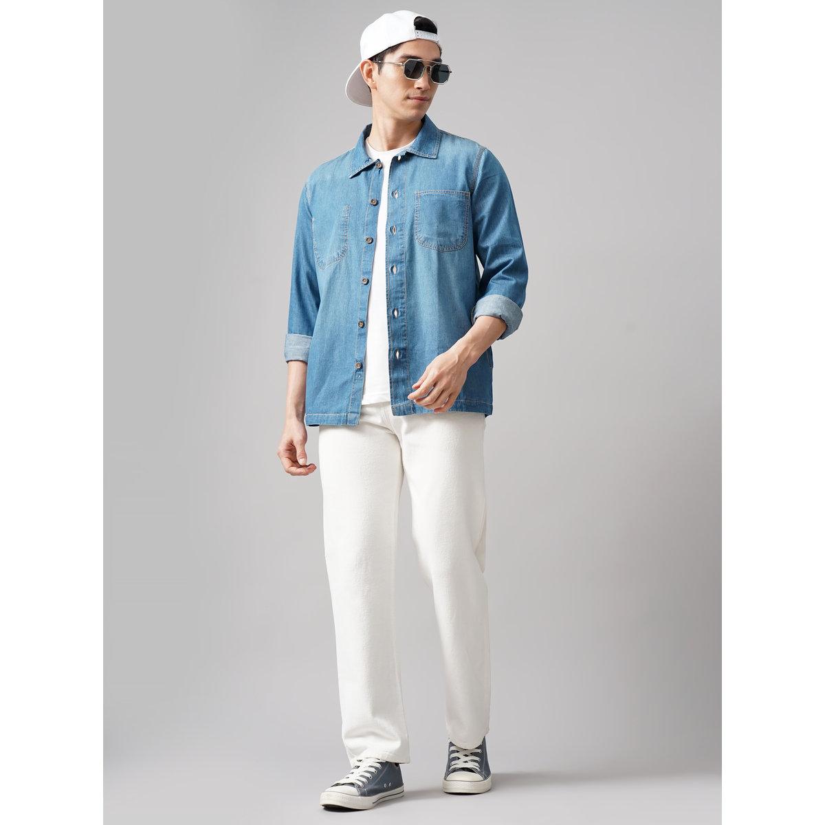 قميص دنيم فضفاض بجيب على الصدر-men-clothing-shirts-image-4