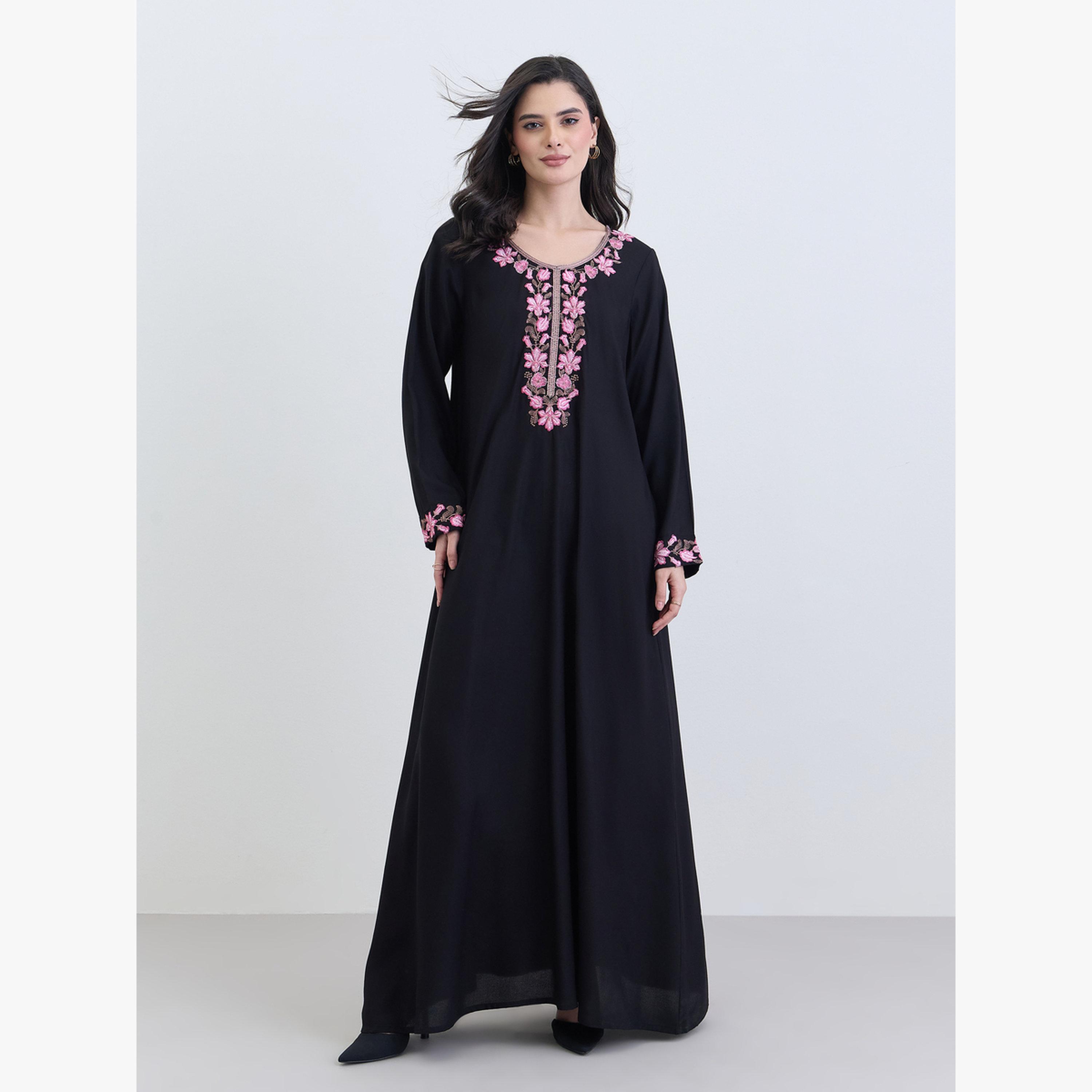 Styli Black Embroidered A-Line Jalabiya-women-arabicclothing-jalabiyas-image-3