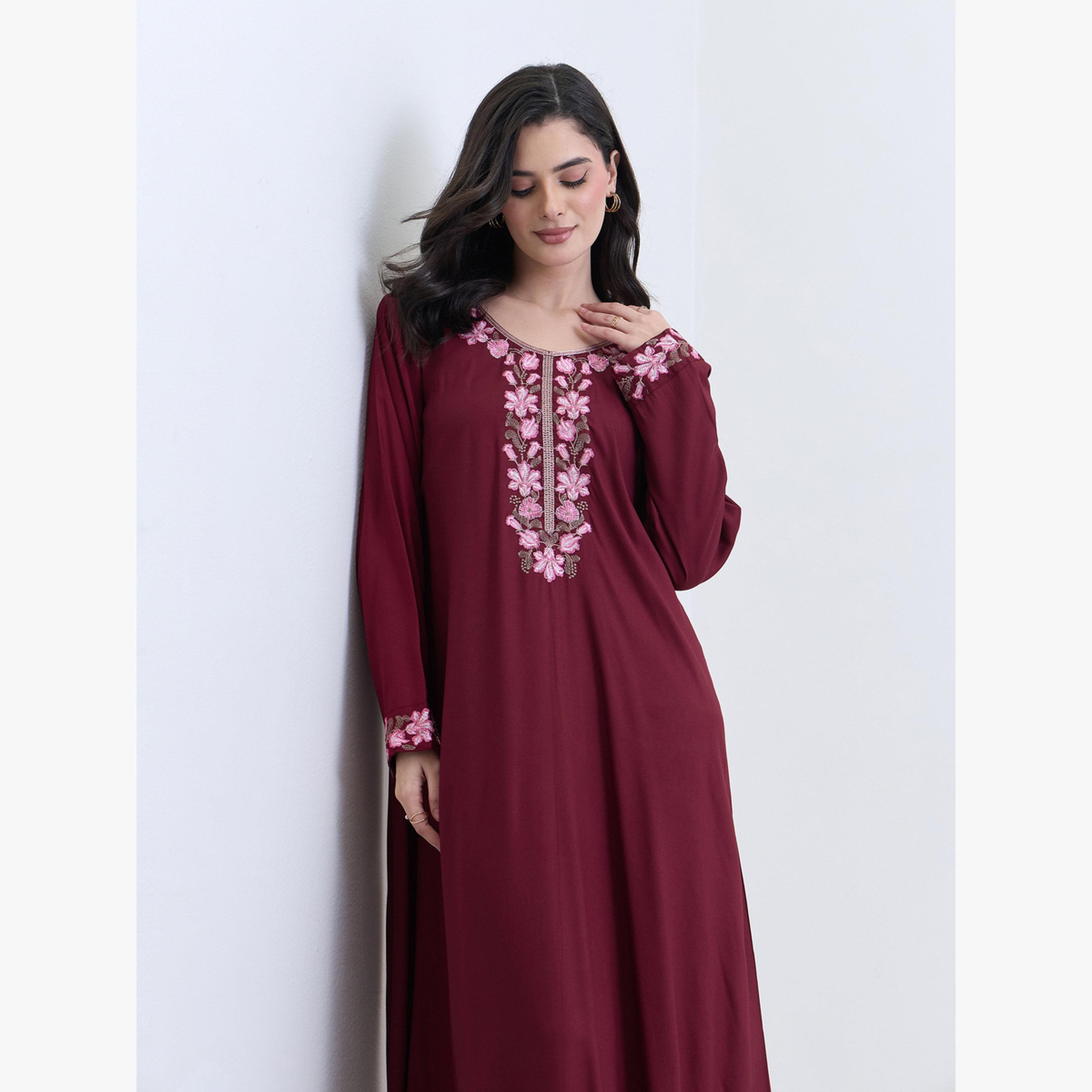 Styli Burgundy Embroidered A-Line Jalabiya-women-arabicclothing-jalabiyas-image-2