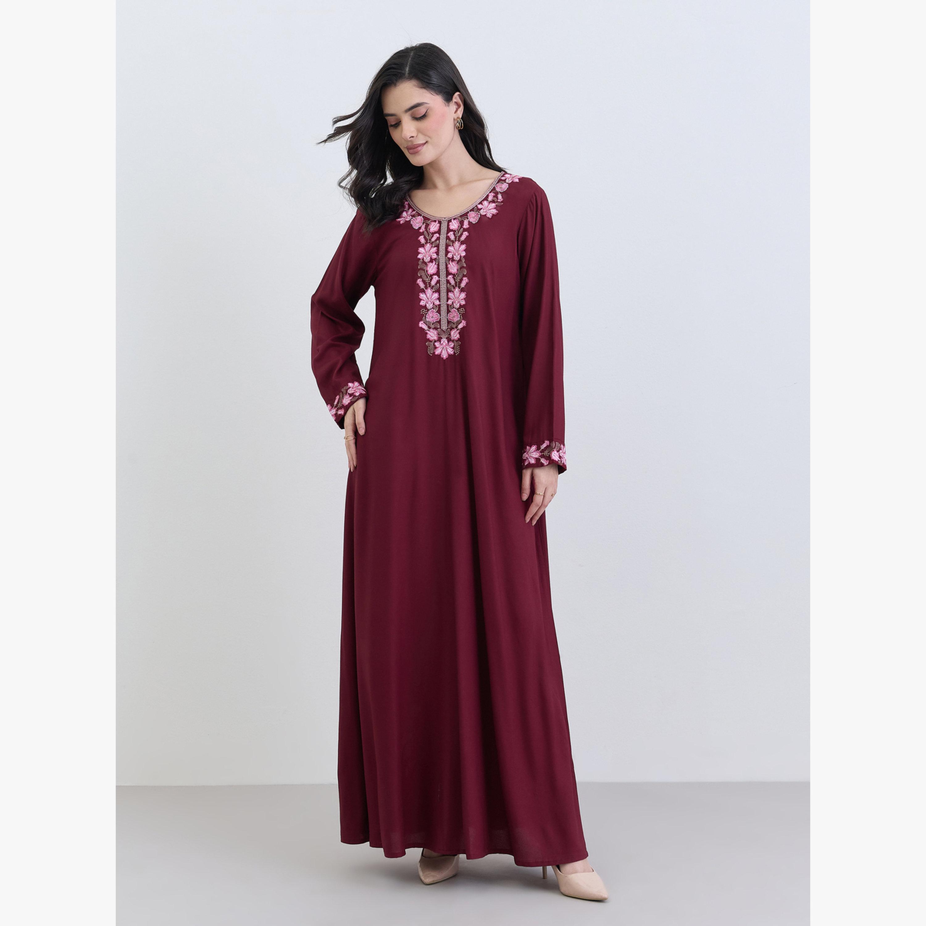 Styli Burgundy Embroidered A-Line Jalabiya-women-arabicclothing-jalabiyas-image-3