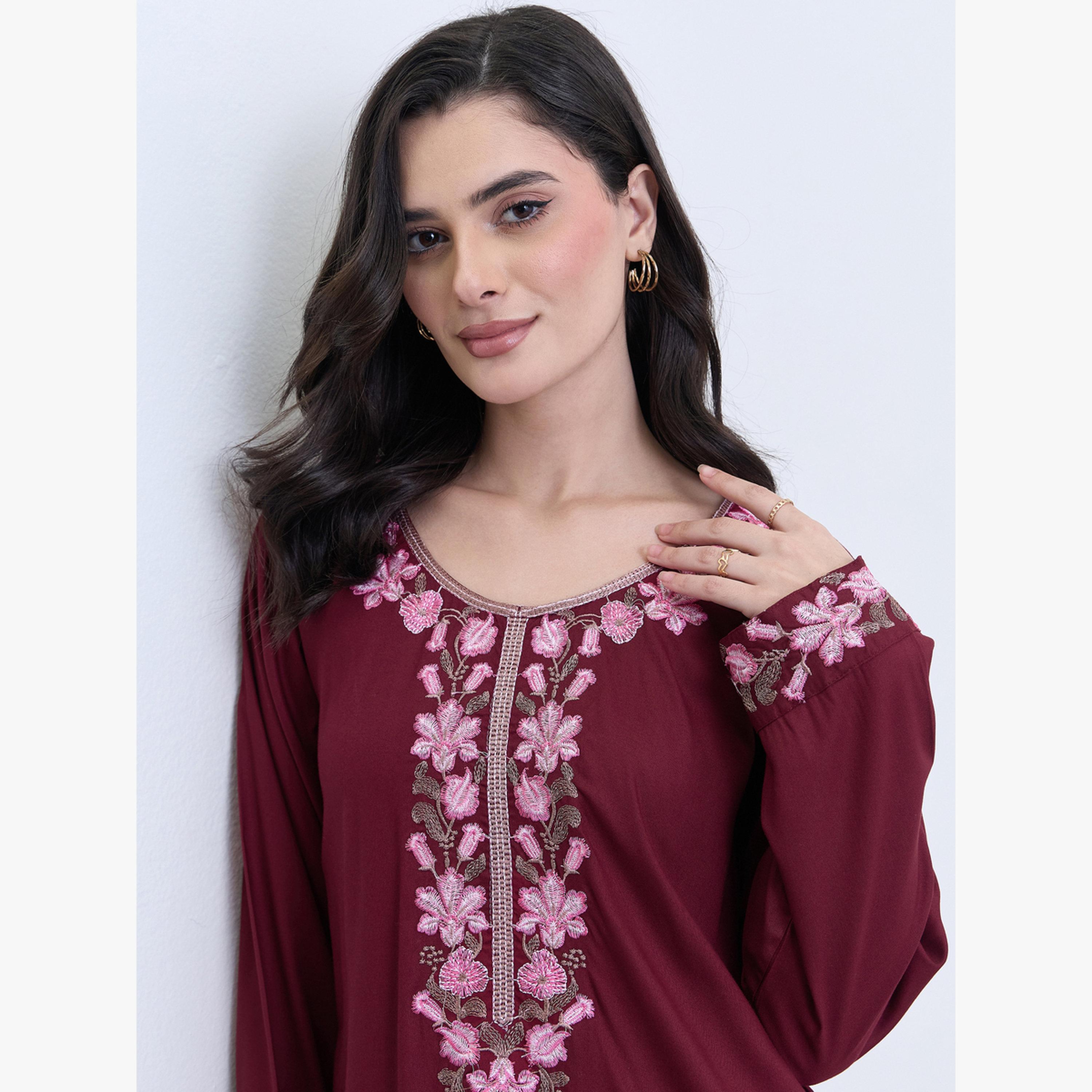 Styli Burgundy Embroidered A-Line Jalabiya-women-arabicclothing-jalabiyas-image-4