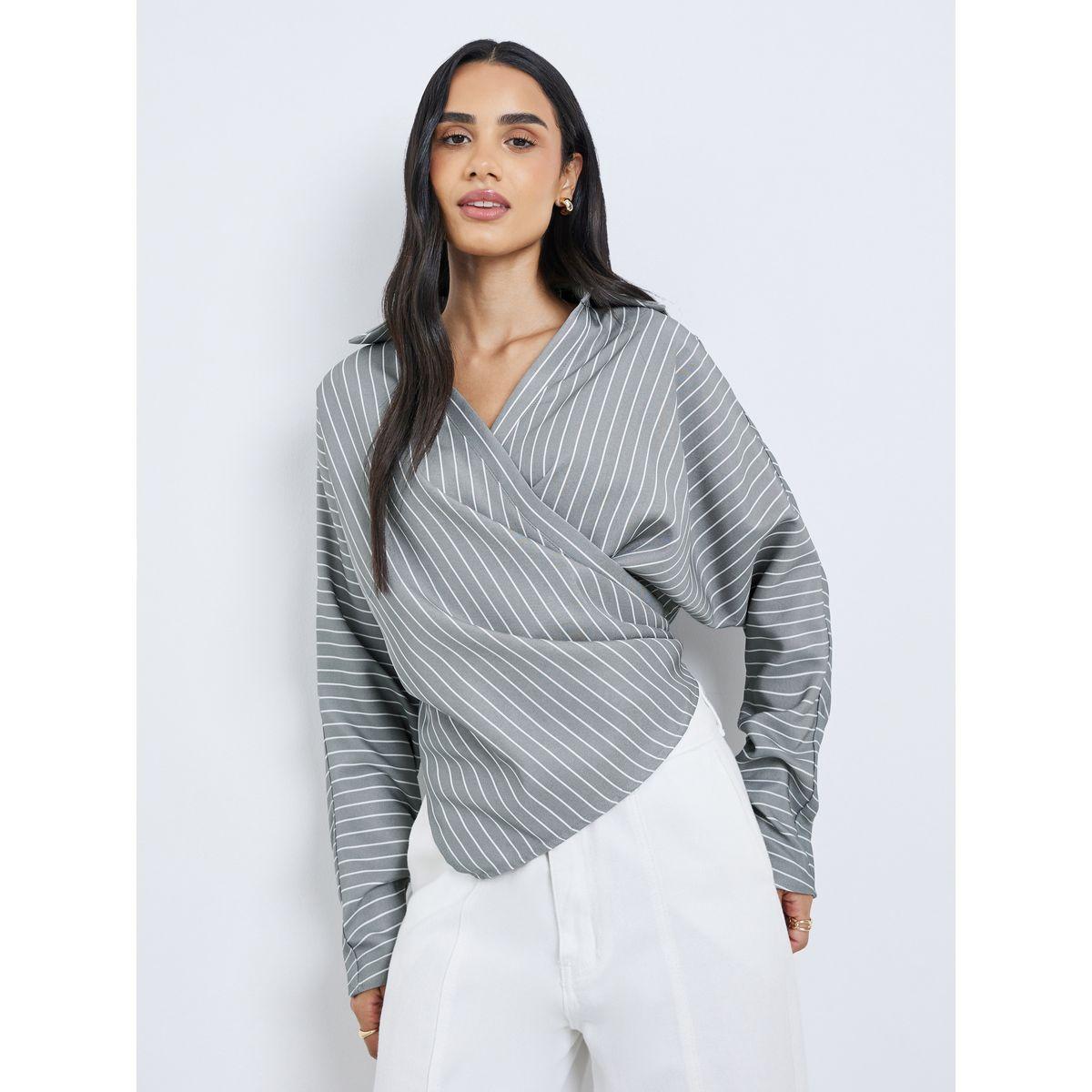 Styli Women Grey Striped Batwing Sleeves Wrap Top-women-clothing-shirtsandblouses-blouses-image-1