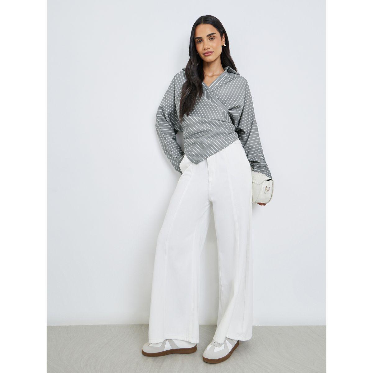 Styli Women Grey Striped Batwing Sleeves Wrap Top-women-clothing-shirtsandblouses-blouses-image-2