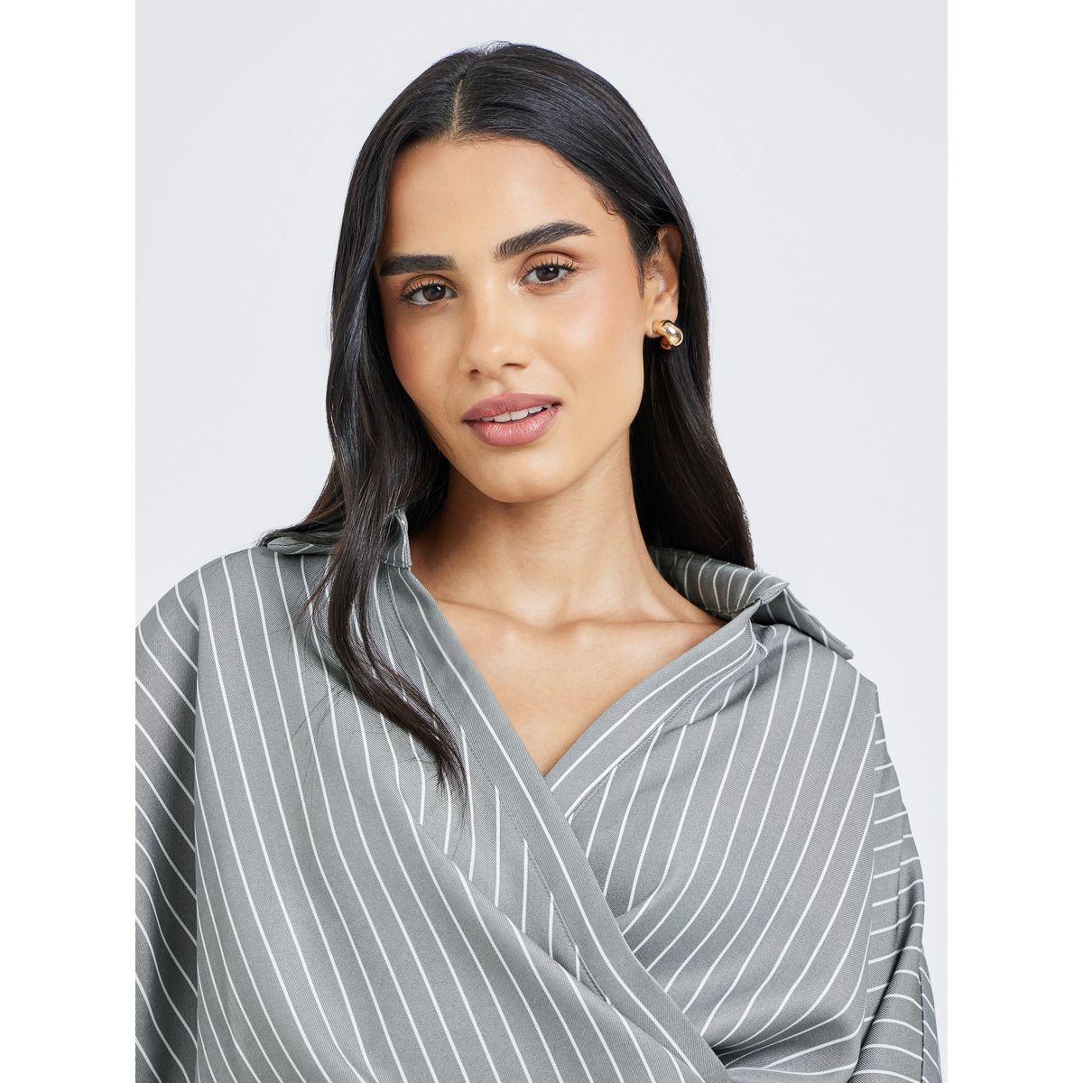 Styli Women Grey Striped Batwing Sleeves Wrap Top-women-clothing-shirtsandblouses-blouses-image-3