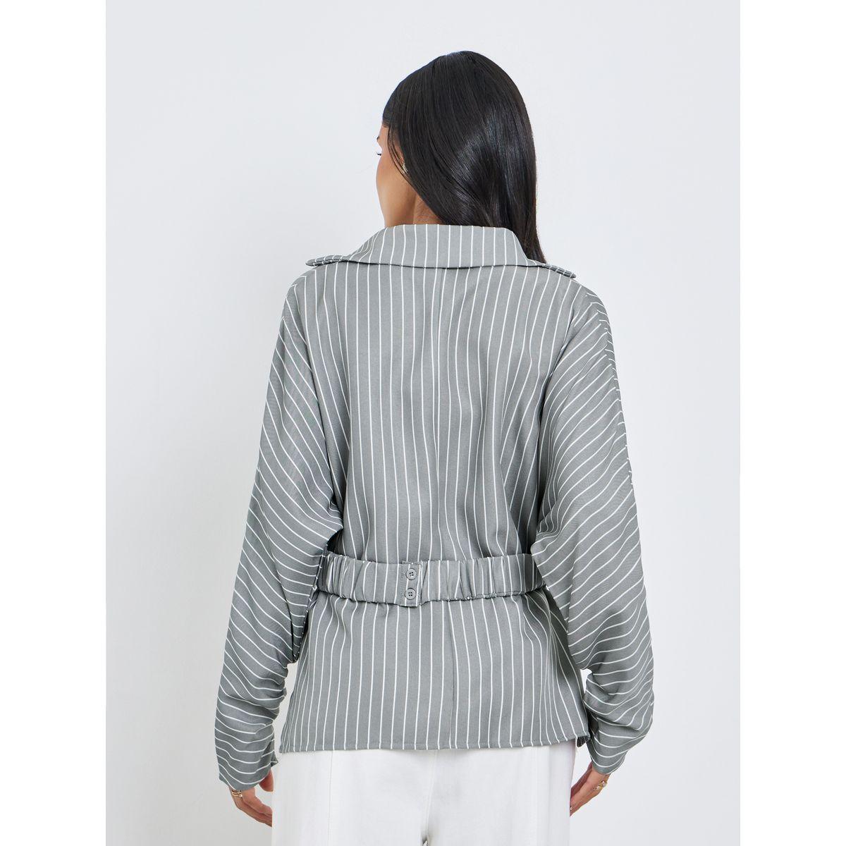 Styli Women Grey Striped Batwing Sleeves Wrap Top-women-clothing-shirtsandblouses-blouses-image-5