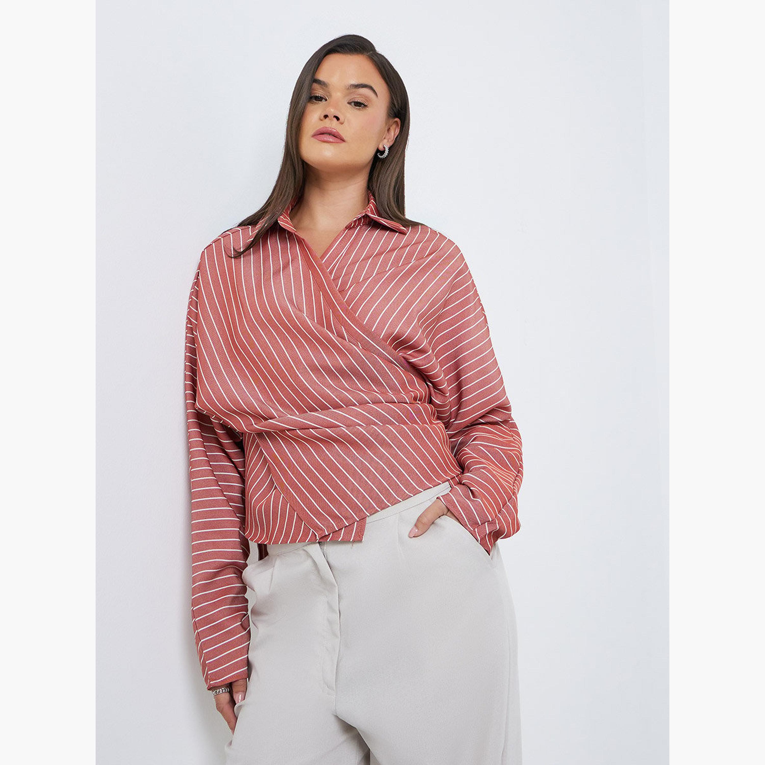 Styli Women Rust Striped Batwing Sleeves Wrap Top-women-clothing-shirtsandblouses-blouses-image-1