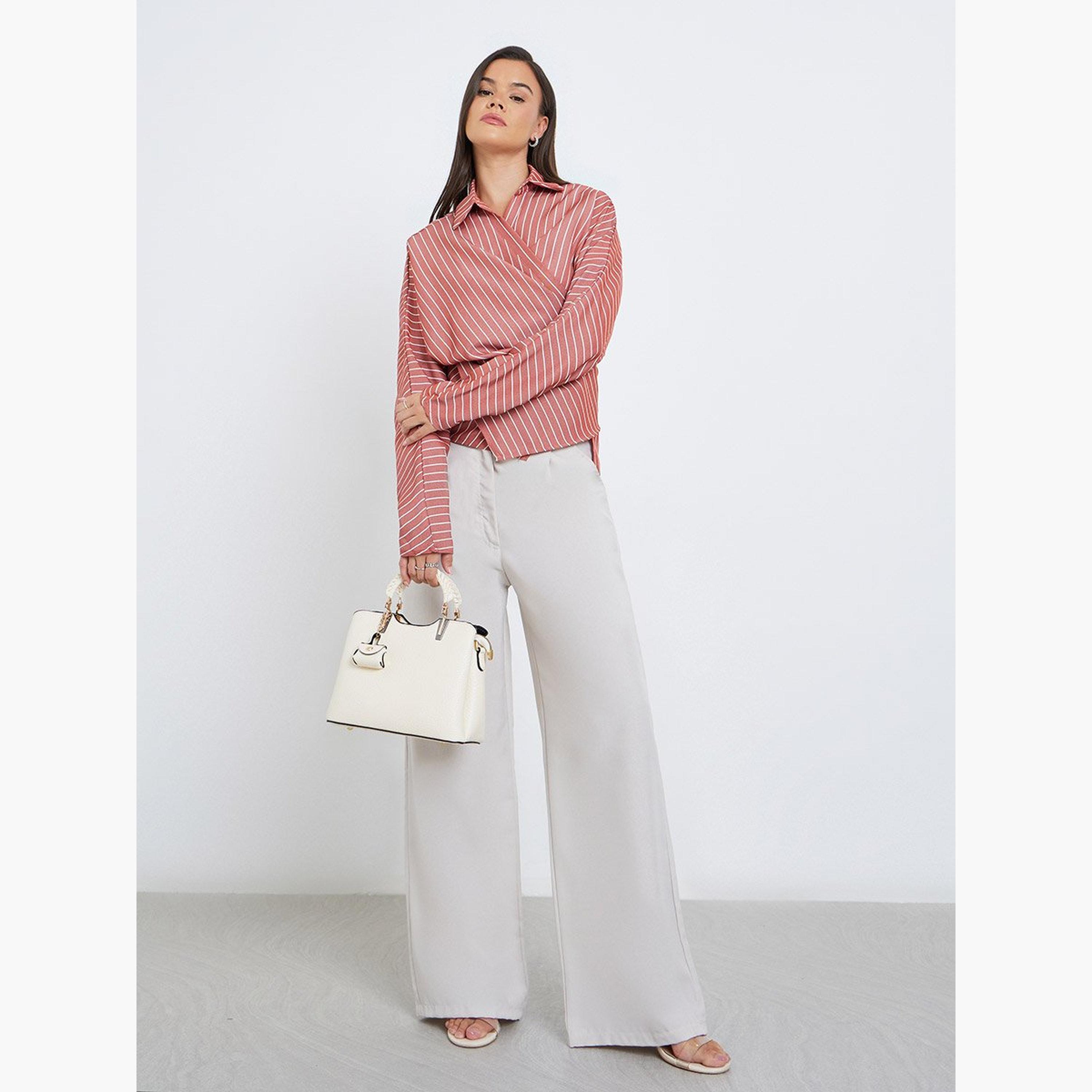 Styli Women Rust Striped Batwing Sleeves Wrap Top-women-clothing-shirtsandblouses-blouses-image-2