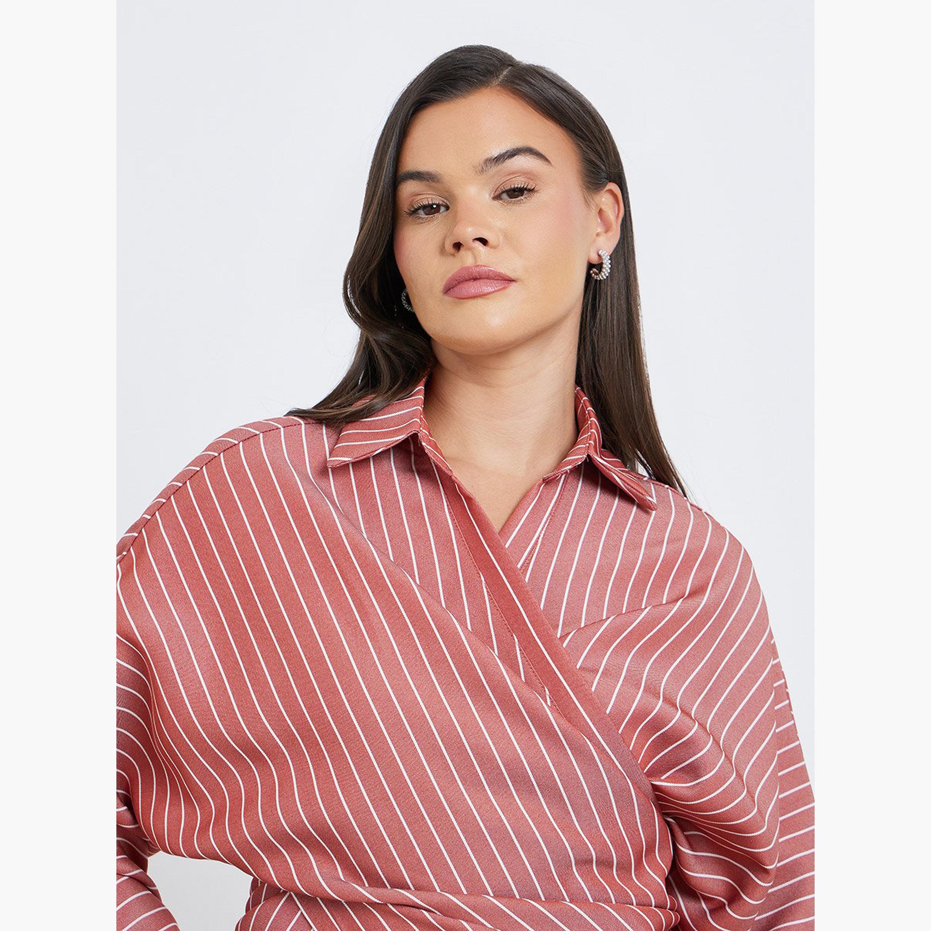 Styli Women Rust Striped Batwing Sleeves Wrap Top-women-clothing-shirtsandblouses-blouses-image-3
