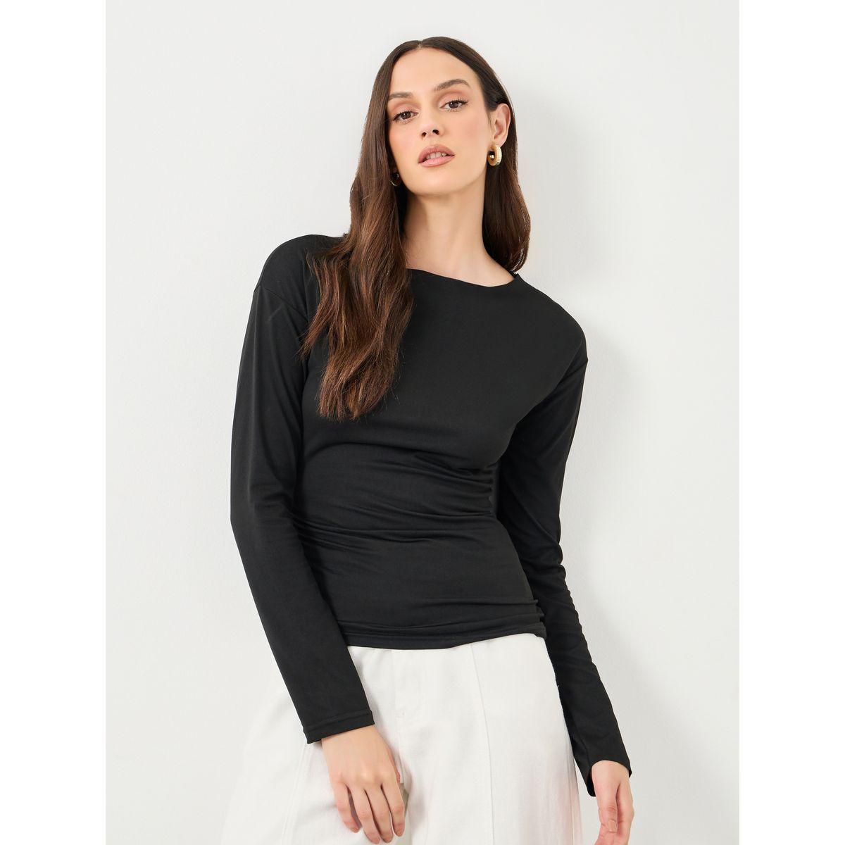 Styli Women Black Asymmetric Hem Fitted Top-women-clothing-shirtsandblouses-blouses-image-1