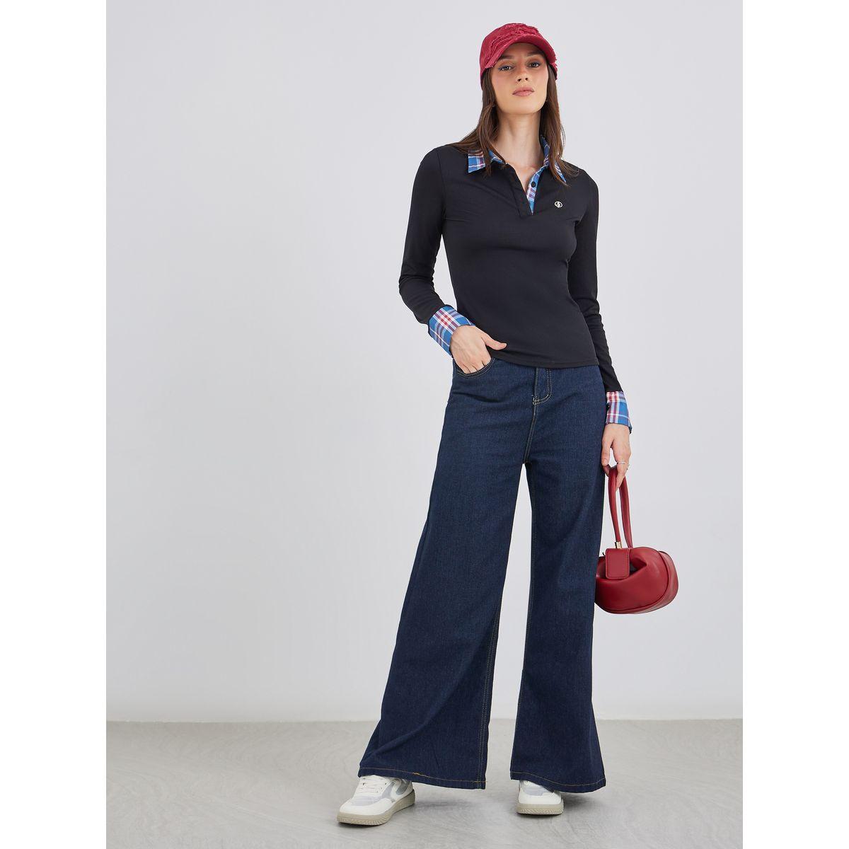 Styli Checked Contrast Collar Long Sleeve Knit Top-women-clothing-tshirts-image-2