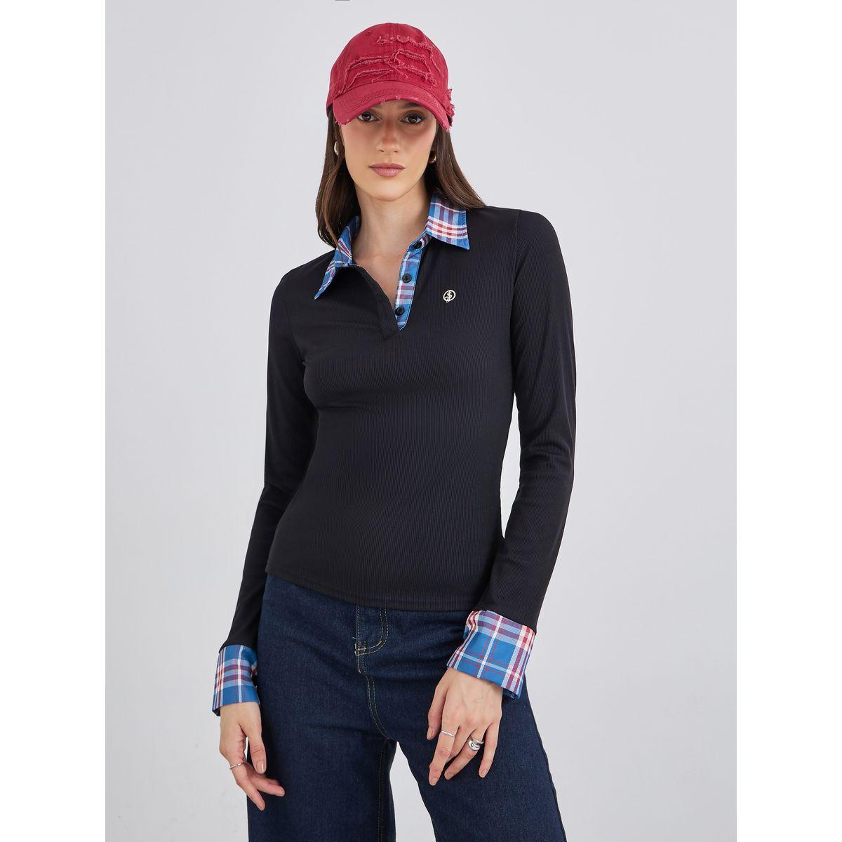 Styli Checked Contrast Collar Long Sleeve Knit Top-women-clothing-tshirts-image-3