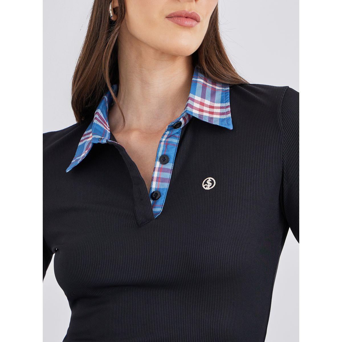 Styli Checked Contrast Collar Long Sleeve Knit Top-women-clothing-tshirts-image-4