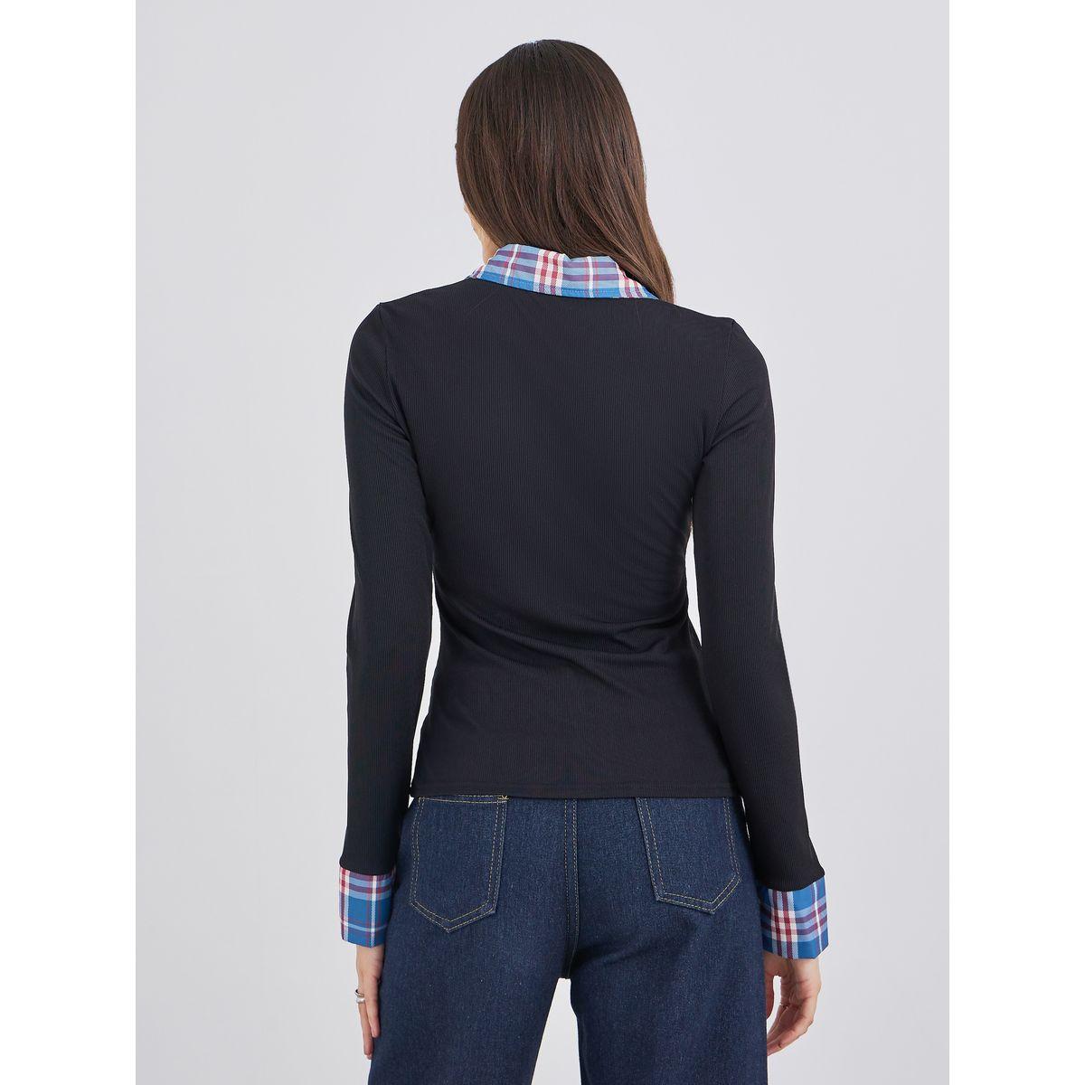 Styli Checked Contrast Collar Long Sleeve Knit Top-women-clothing-tshirts-image-5