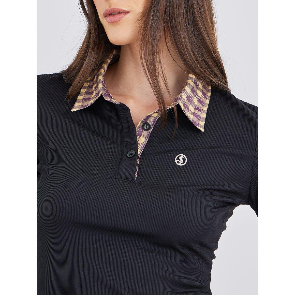 Styli Checked Contrast Collar Long Sleeve Knit Top-women-clothing-tshirts-image-1