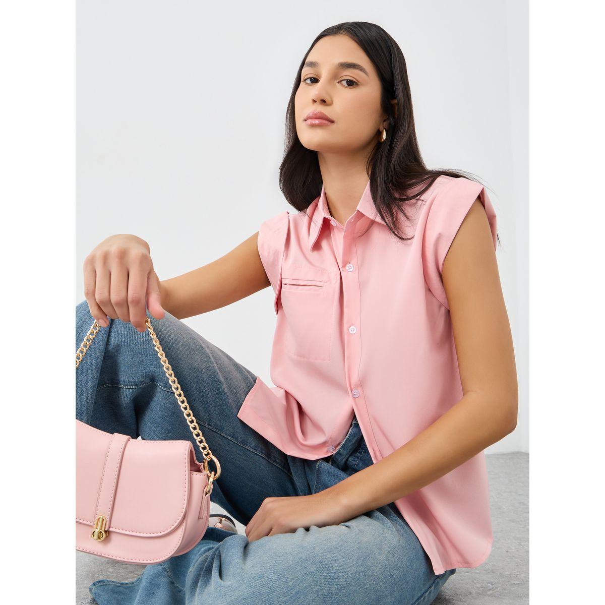 بلوزة سادة بأكمام كاب وياقة مع أزرار-women-clothing-shirtsandblouses-shirts-image-1