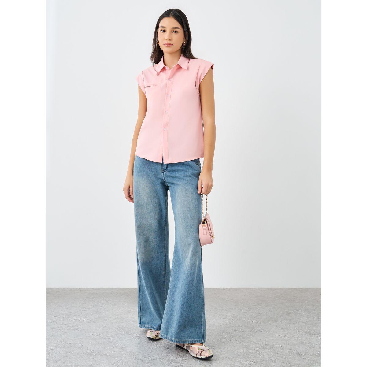 Styli Women Pink Plain Collared Shirt-women-clothing-shirtsandblouses-shirts-image-2