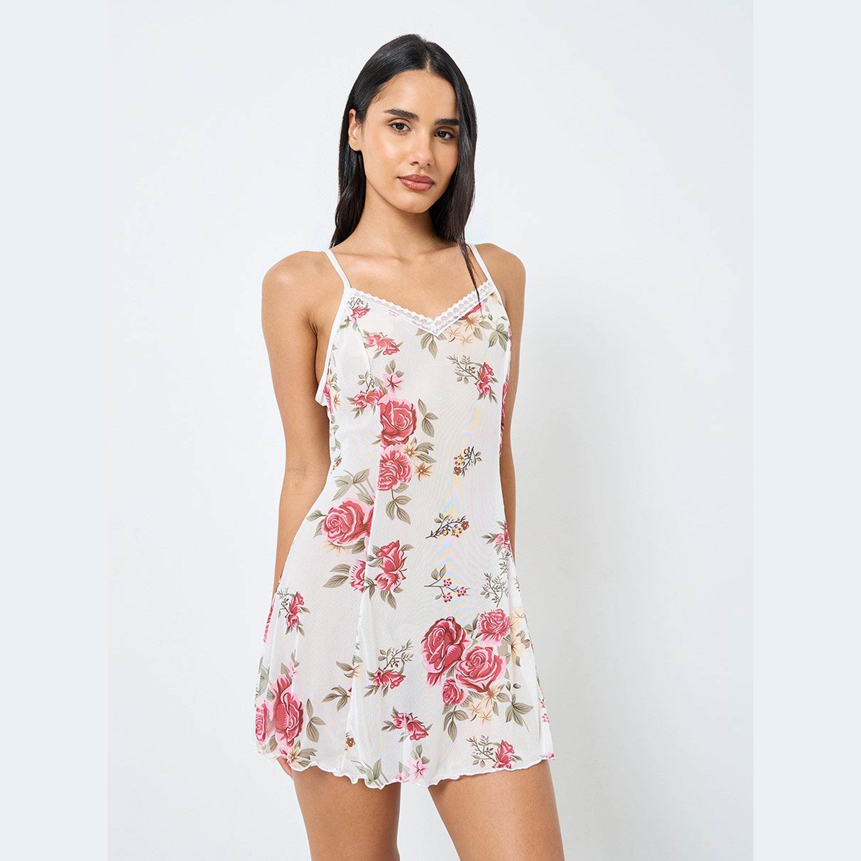 ستايلي - ملابس نوم بطبعة زهور مع تفاصيل دانتيل-women-clothing-lingerie-babydollsandbodysuits-image-1