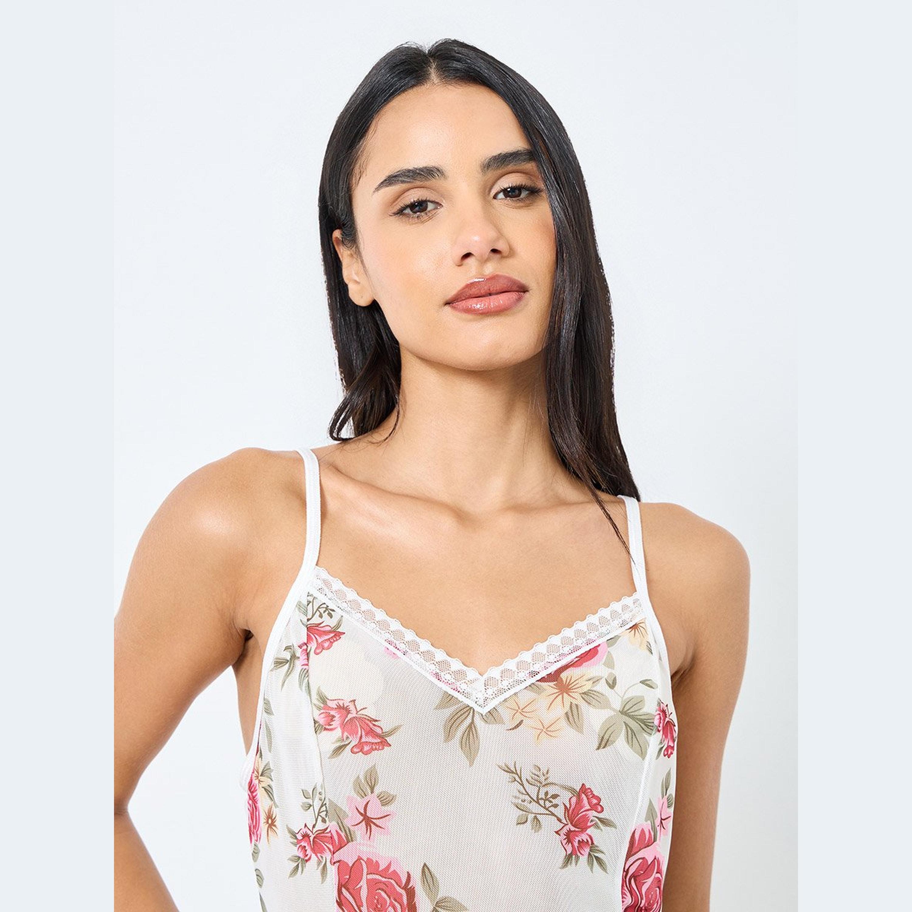 ستايلي - ملابس نوم بطبعة زهور مع تفاصيل دانتيل-women-clothing-lingerie-babydollsandbodysuits-image-3