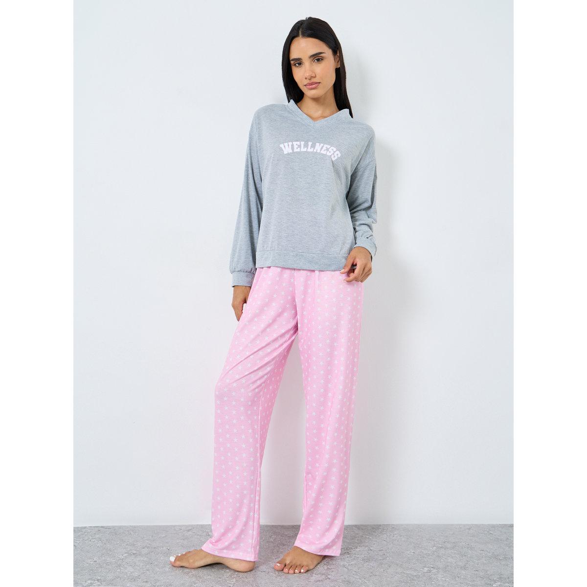 Styli V Neck Wellness Slogan Print T-Shirt and Star Pyajama Set-women-clothing-nightwear-pyjamas-longsets-image-1