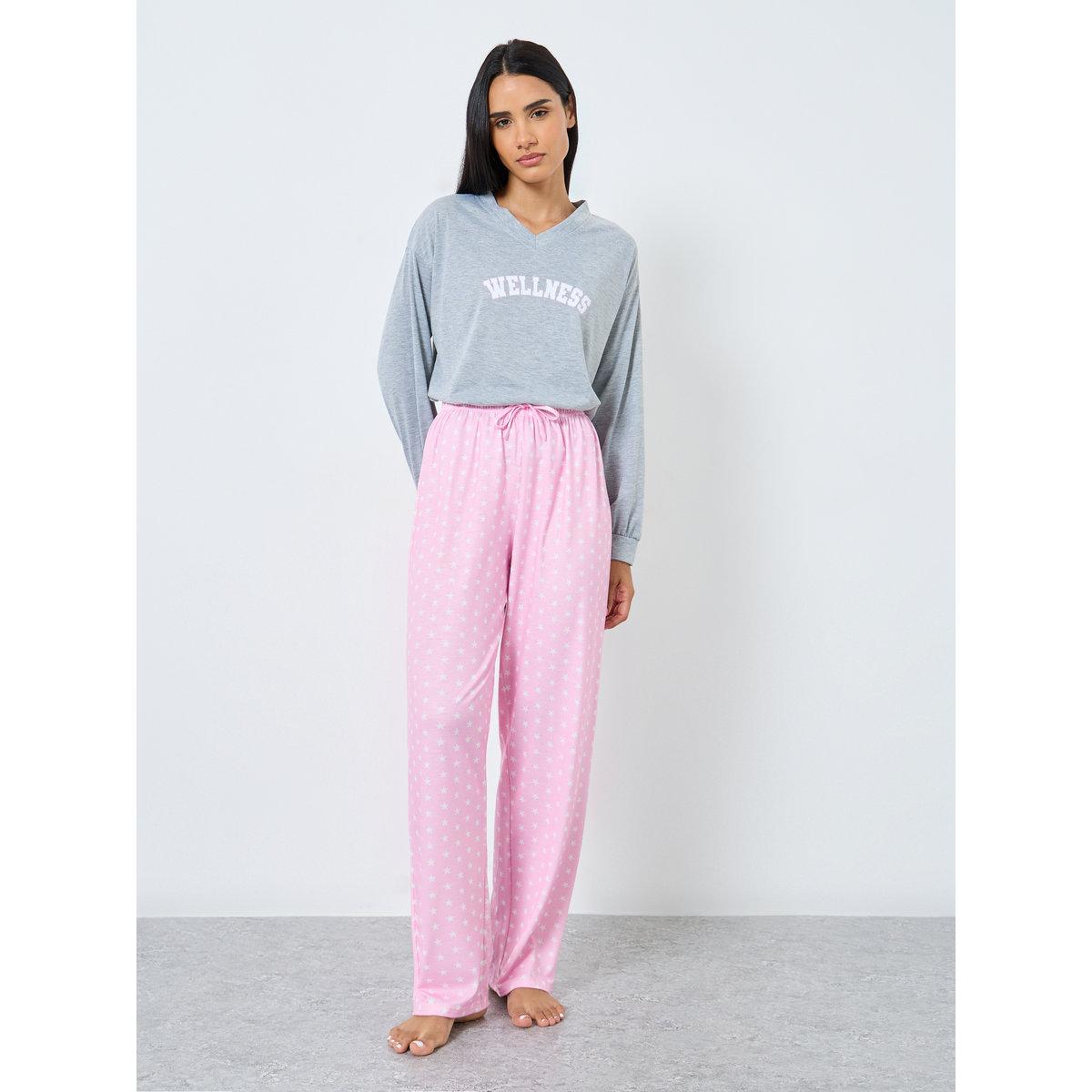 Styli V Neck Wellness Slogan Print T-Shirt and Star Pyajama Set-women-clothing-nightwear-pyjamas-longsets-image-4
