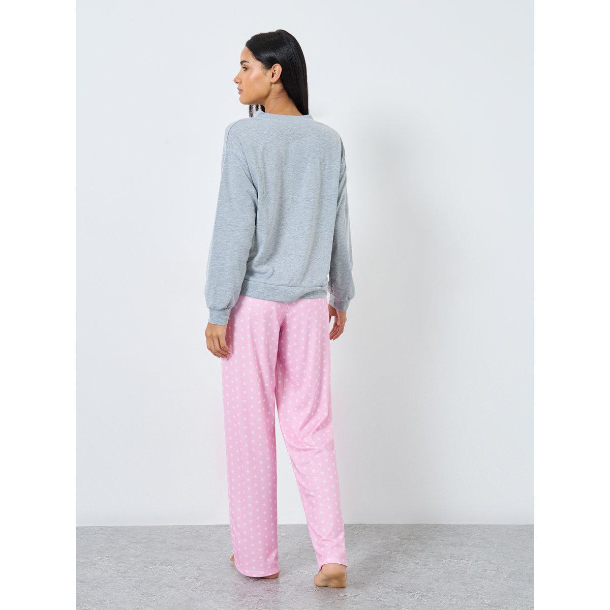 Styli V Neck Wellness Slogan Print T-Shirt and Star Pyajama Set-women-clothing-nightwear-pyjamas-longsets-image-6