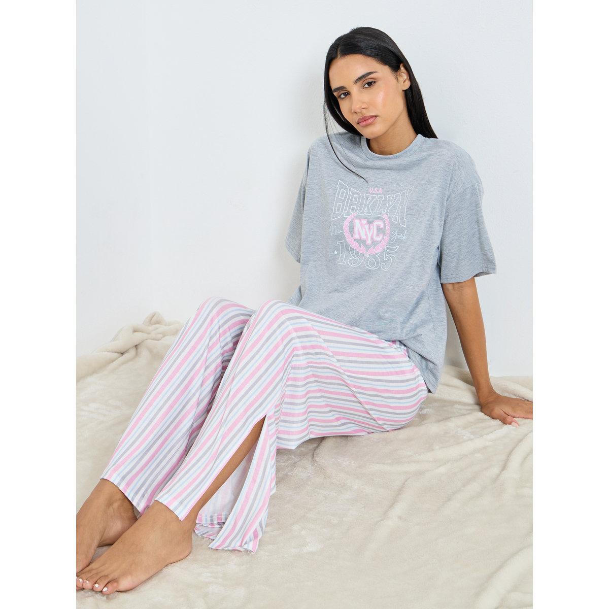 Styli NYC Graphic Drop Shoulder T-Shirt and Side Slit Pyjama Set-women-clothing-nightwear-pyjamas-longsets-image-1
