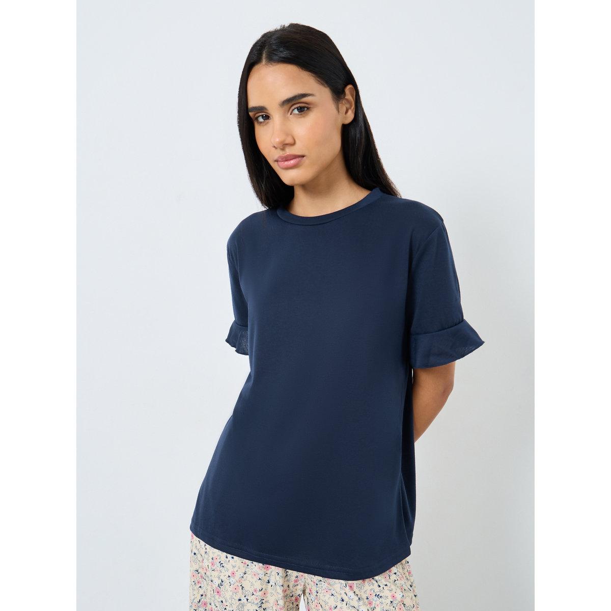Styli Ruffle Sleeve Solid T-Shirt and Ditsy Floral Pyjama Set-women-clothing-nightwear-pyjamas-longsets-image-3