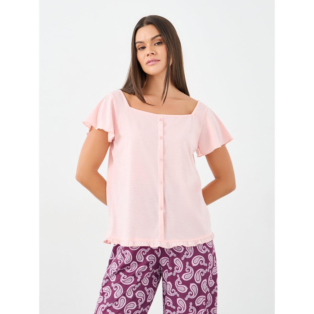 Styli Square Neck Lettuce Hem Top and Paisley Print Pyjama Set-women-clothing-nightwear-pyjamas-longsets-image-2