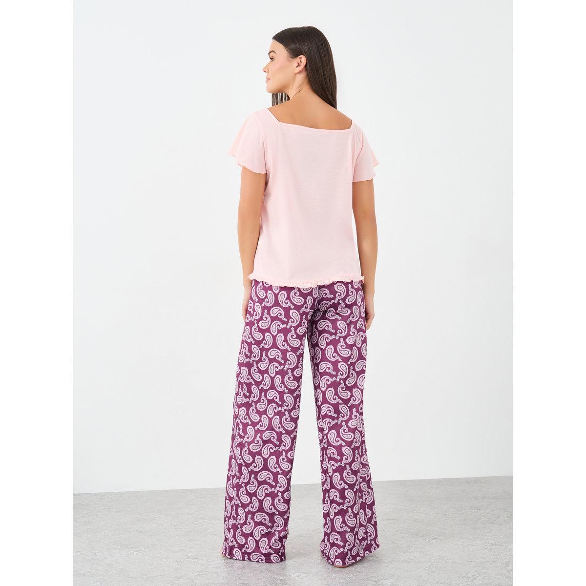 Styli Square Neck Lettuce Hem Top and Paisley Print Pyjama Set-women-clothing-nightwear-pyjamas-longsets-image-5