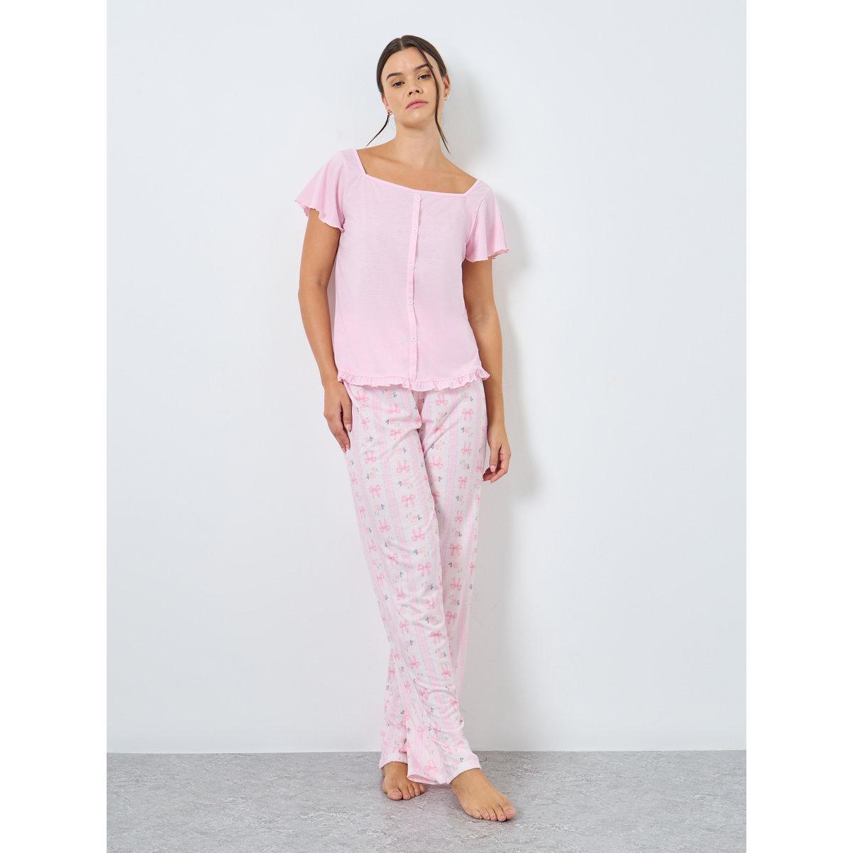 Styli Button Through Lettuce Hem Top and Bow Print Pyjama Set-women-clothing-nightwear-pyjamas-longsets-image-1