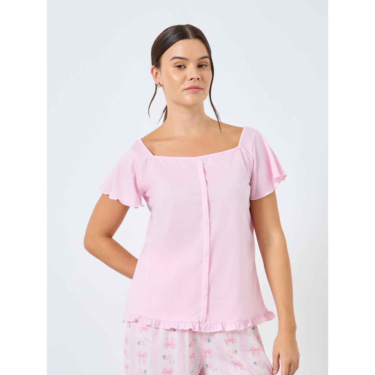Styli Button Through Lettuce Hem Top and Bow Print Pyjama Set-women-clothing-nightwear-pyjamas-longsets-image-2