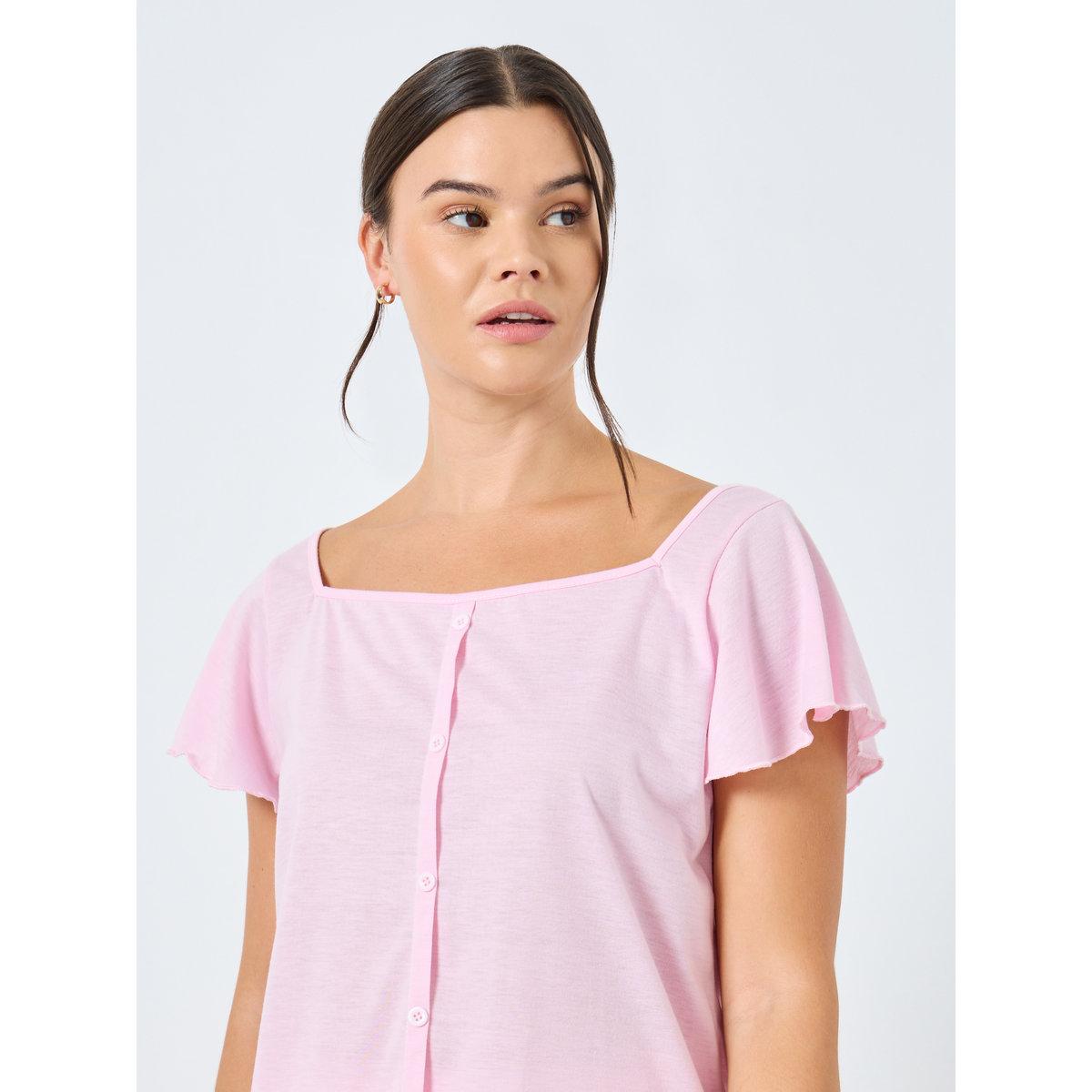 Styli Button Through Lettuce Hem Top and Bow Print Pyjama Set-women-clothing-nightwear-pyjamas-longsets-image-3