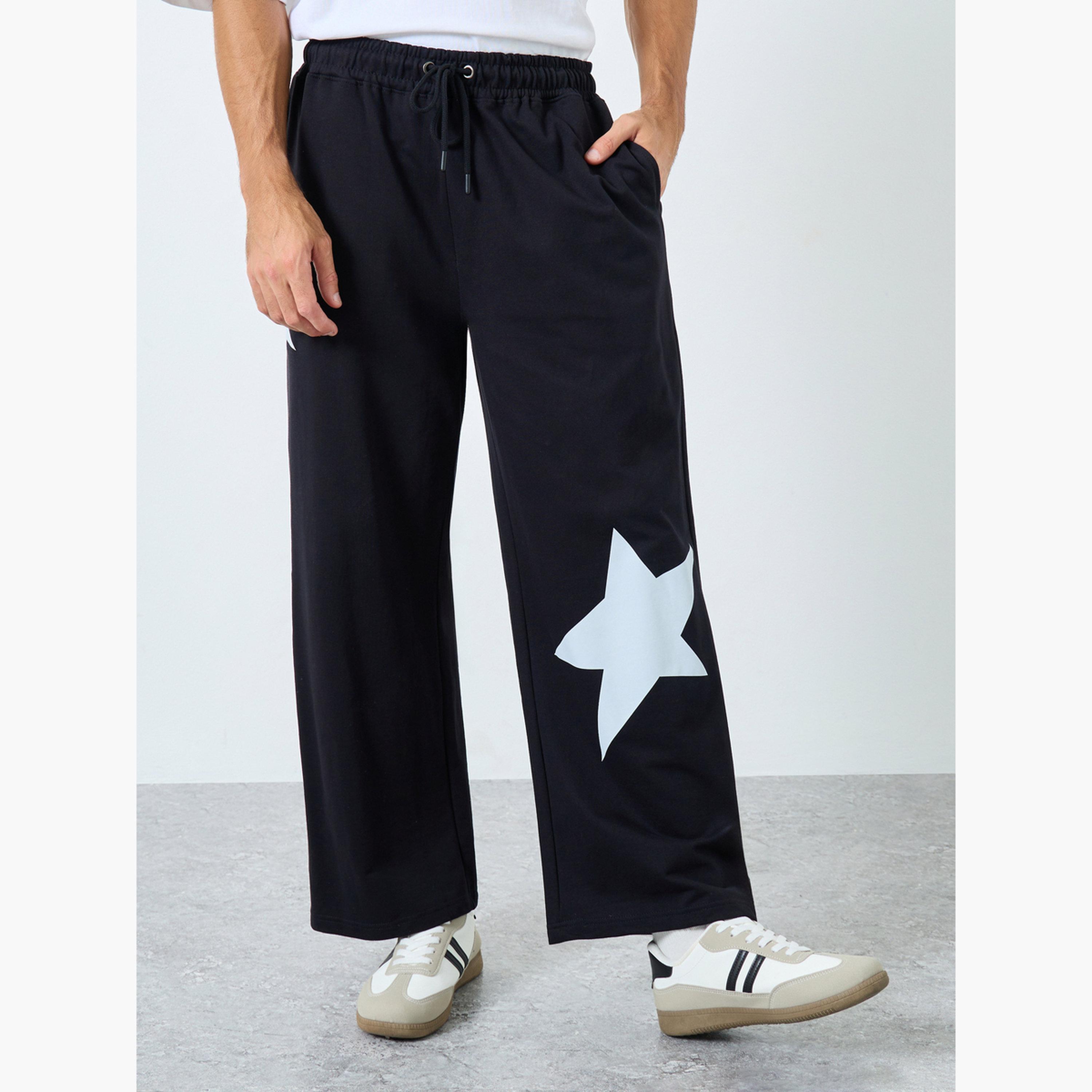 Styli Men Black Star Print Wide Leg Joggers-men-clothing-bottoms-joggers-image-1