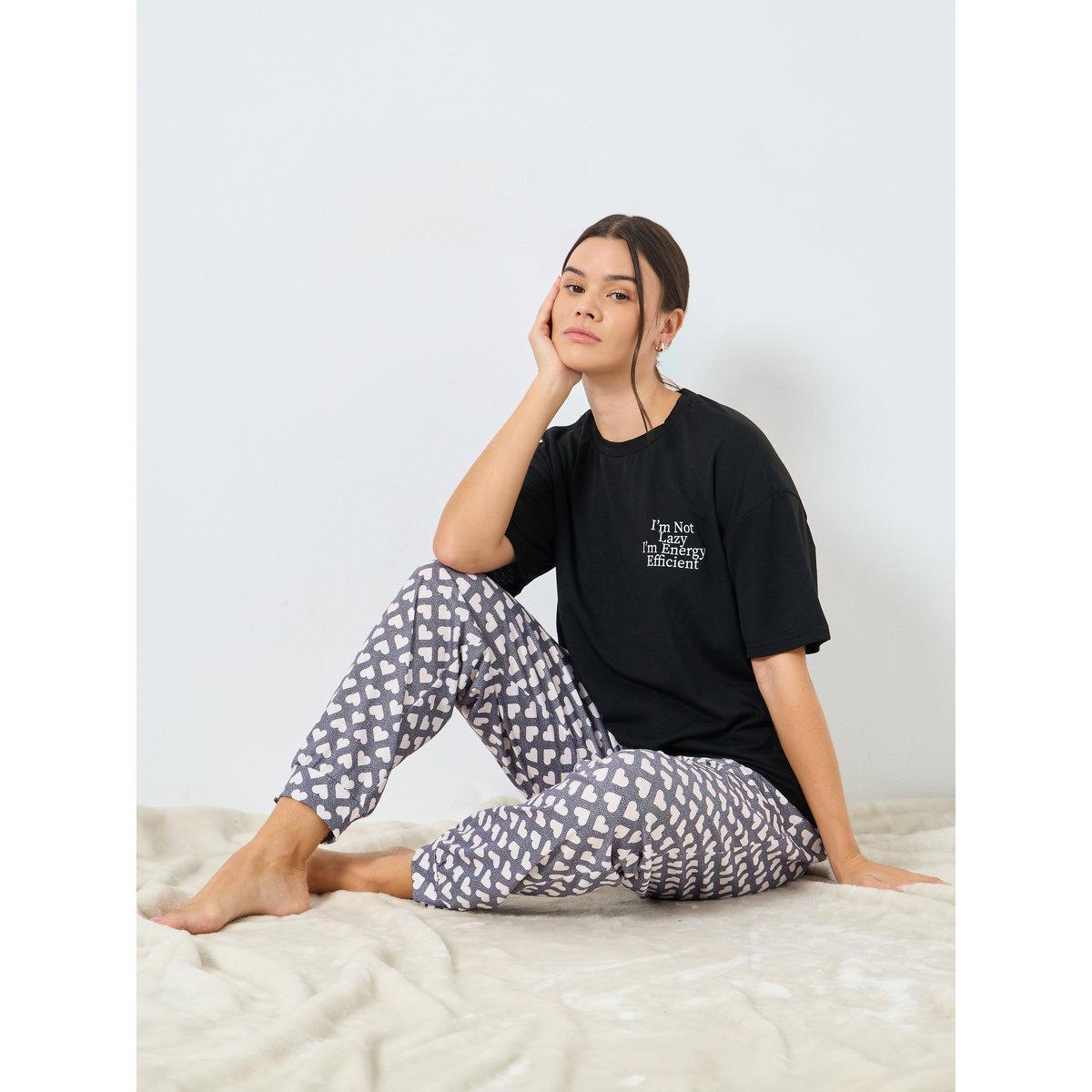 Styli Drop Shoulder Slogan T-Shirt and Heart Cuffed Pyjama Set-women-clothing-nightwear-pyjamas-longsets-image-1