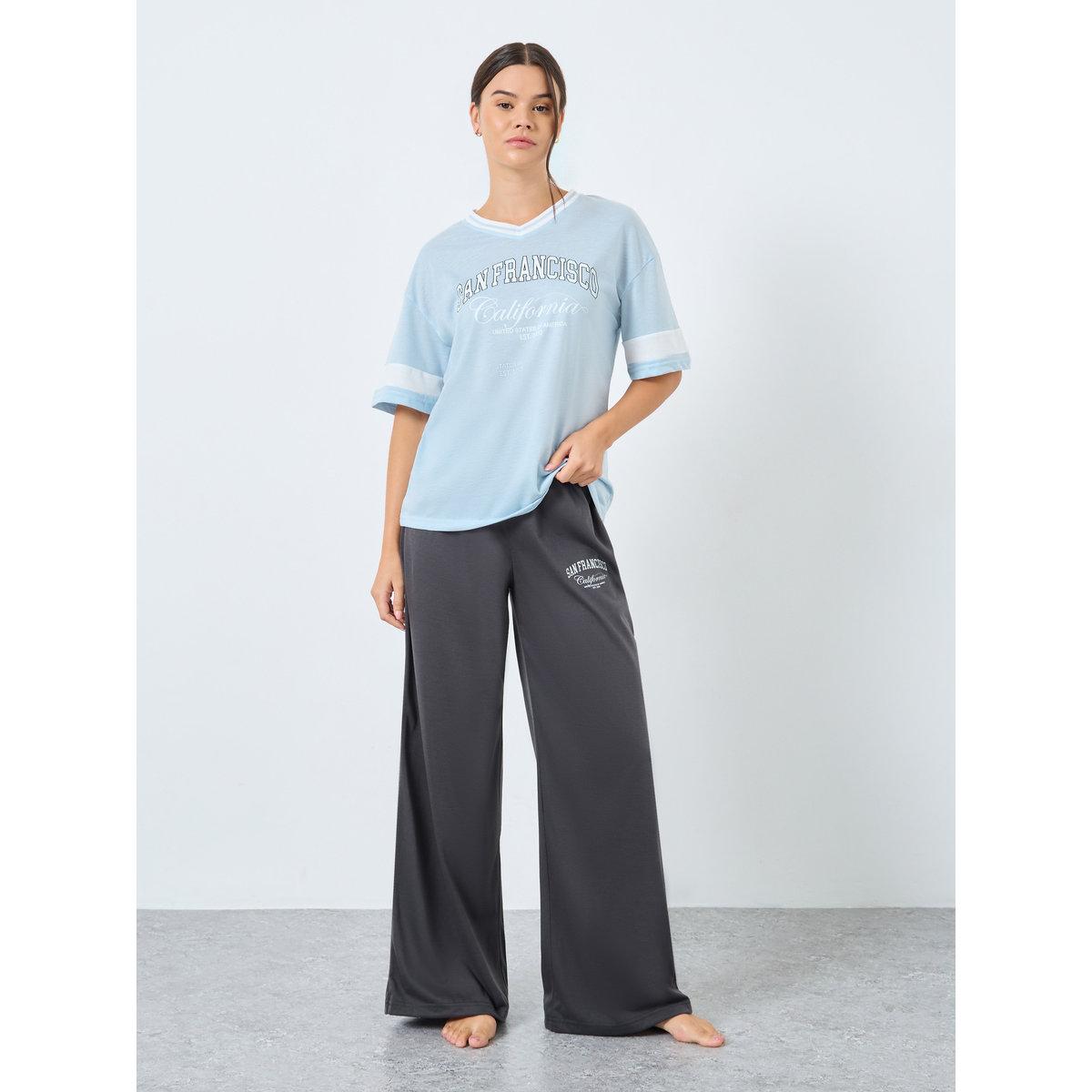 Styli Drop Shoulder Boxy Stripe Sleeve T-Shirt and Pyjama Set-women-clothing-nightwear-pyjamas-longsets-image-1