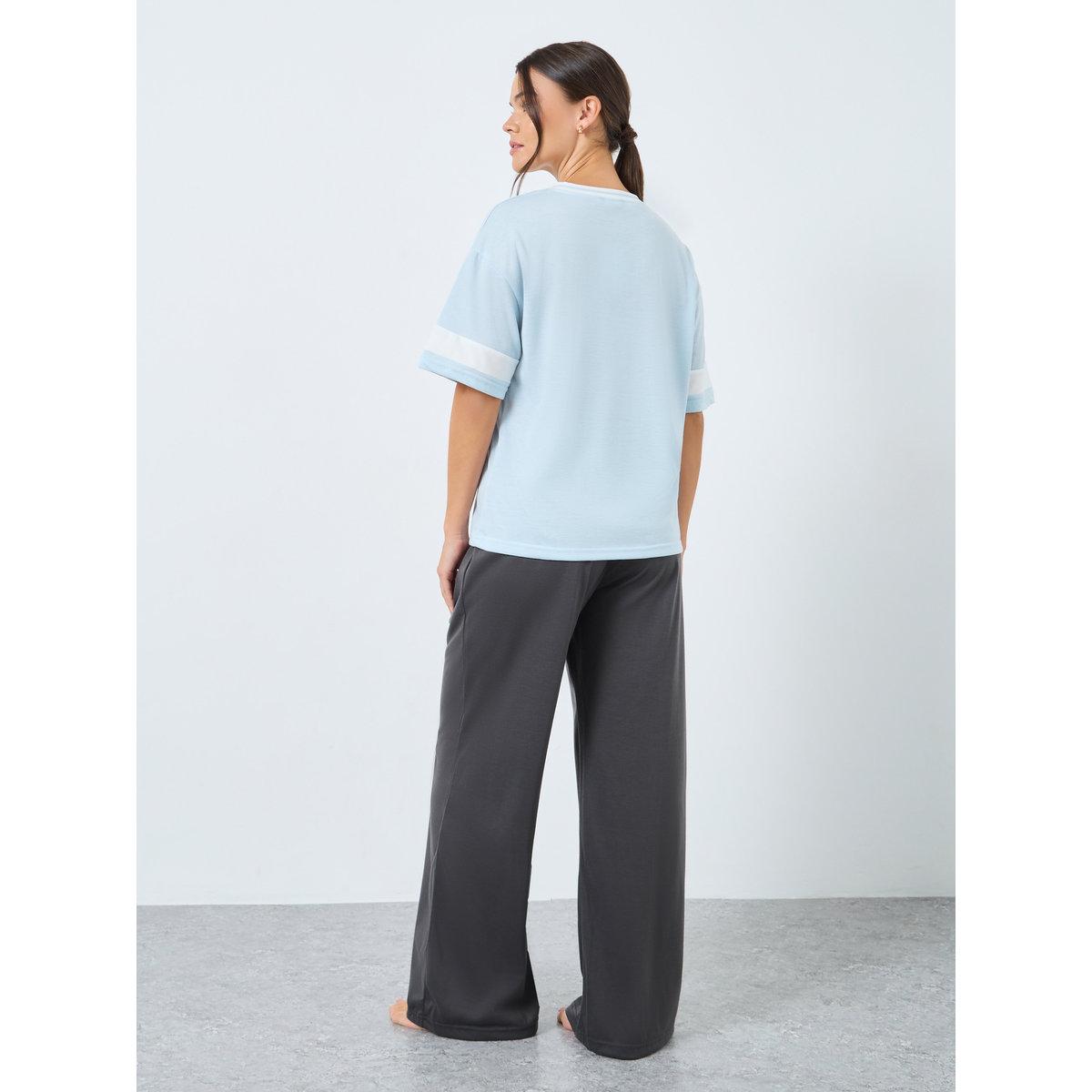 Styli Drop Shoulder Boxy Stripe Sleeve T-Shirt and Pyjama Set-women-clothing-nightwear-pyjamas-longsets-image-4