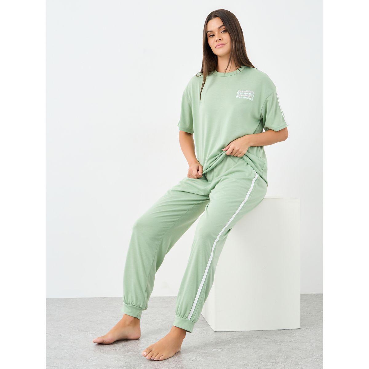 Styli Slogan Drop Shoulder Stripe Sleeve T-Shirt and Joggers Set-women-clothing-nightwear-pyjamas-longsets-image-1