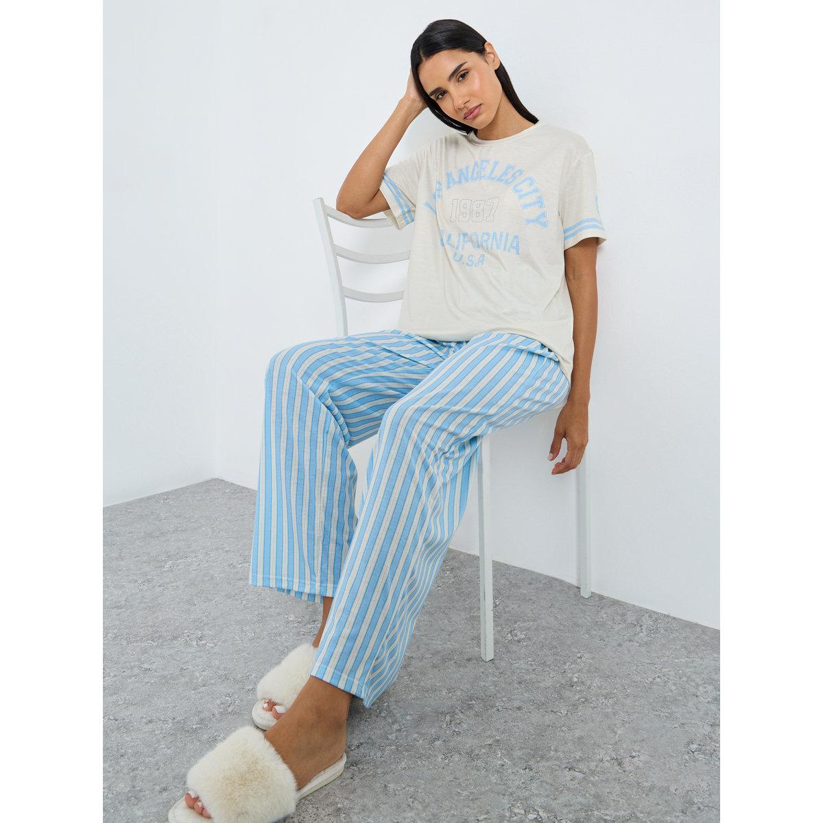 Styli LA Graphic Stripe Sleeve T-Shirt and Striped Pyjama Set-women-clothing-nightwear-pyjamas-longsets-image-1