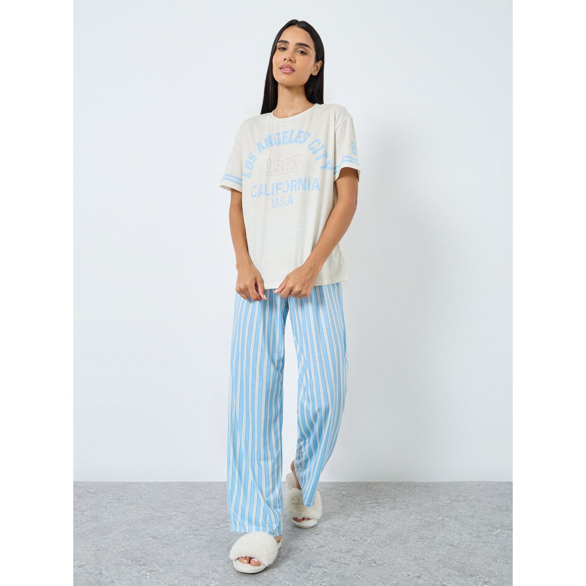Styli LA Graphic Stripe Sleeve T-Shirt and Striped Pyjama Set-women-clothing-nightwear-pyjamas-longsets-image-2
