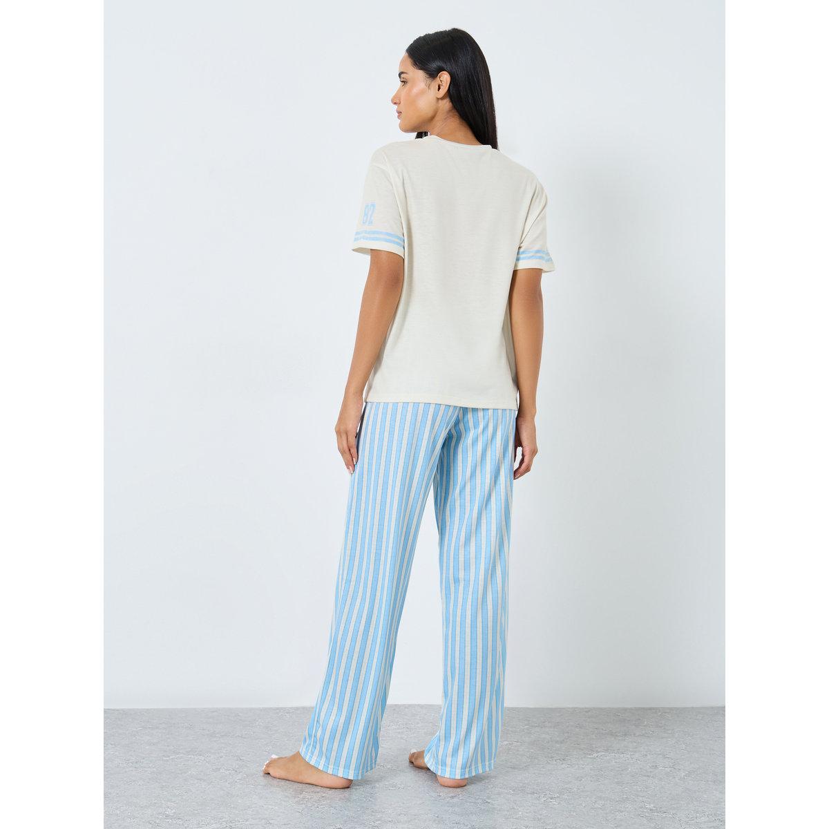 Styli LA Graphic Stripe Sleeve T-Shirt and Striped Pyjama Set-women-clothing-nightwear-pyjamas-longsets-image-6