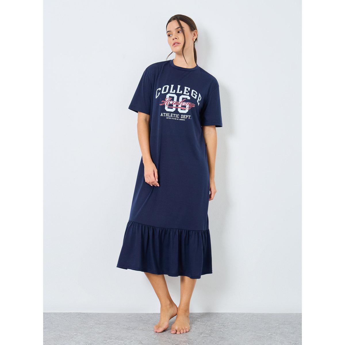 Styli College Graphic Deep Ruffle Hem Sleep T-Shirt Dress-women-clothing-nightwear-nighties-image-1