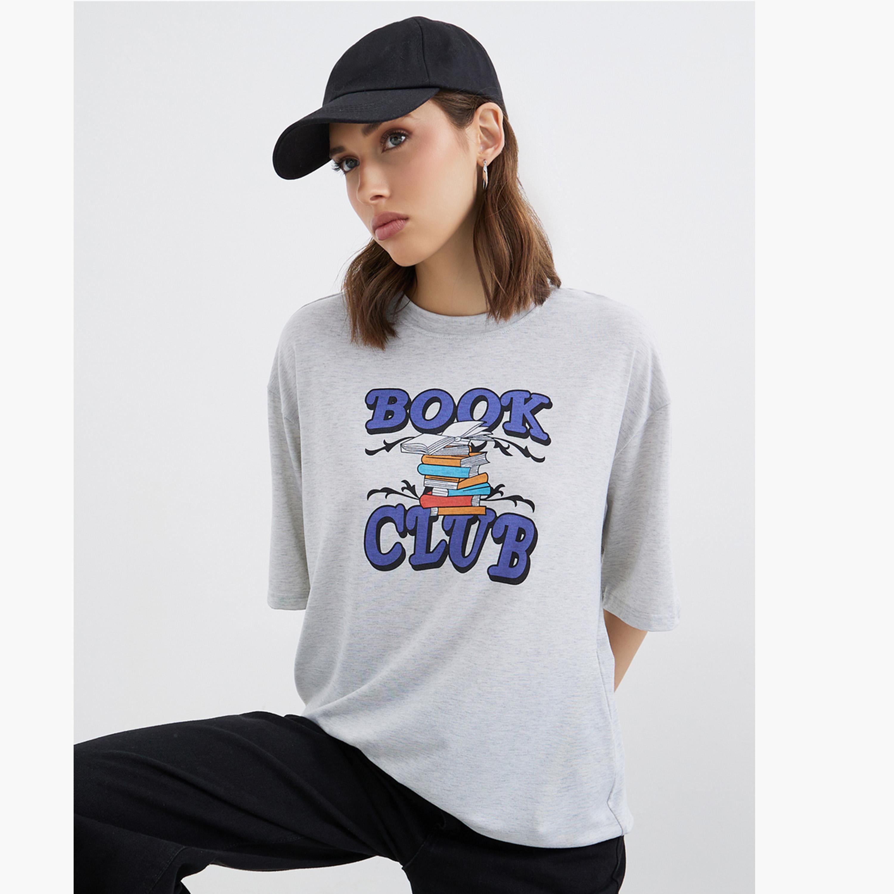 Styli Grey Book Club Graphic Oversized T-Shirt-women-clothing-tshirts-image-1