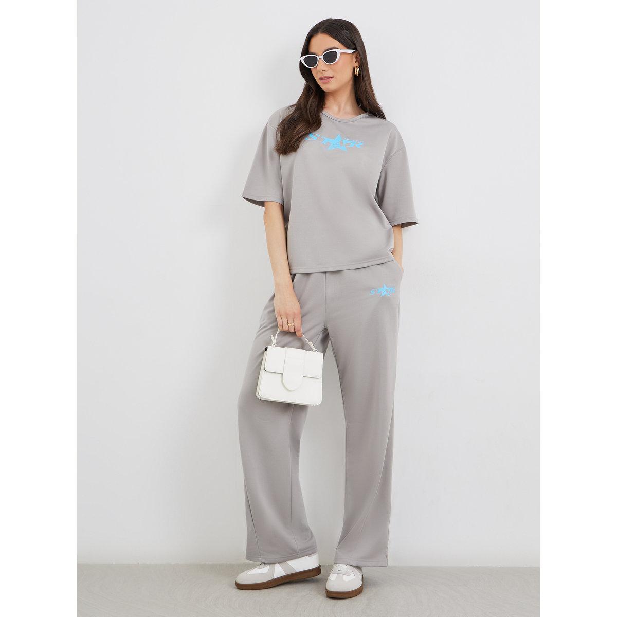 Styli Grey Star Print T-Shirt and Pants Co-Ords-women-clothing-coordsets-image-1