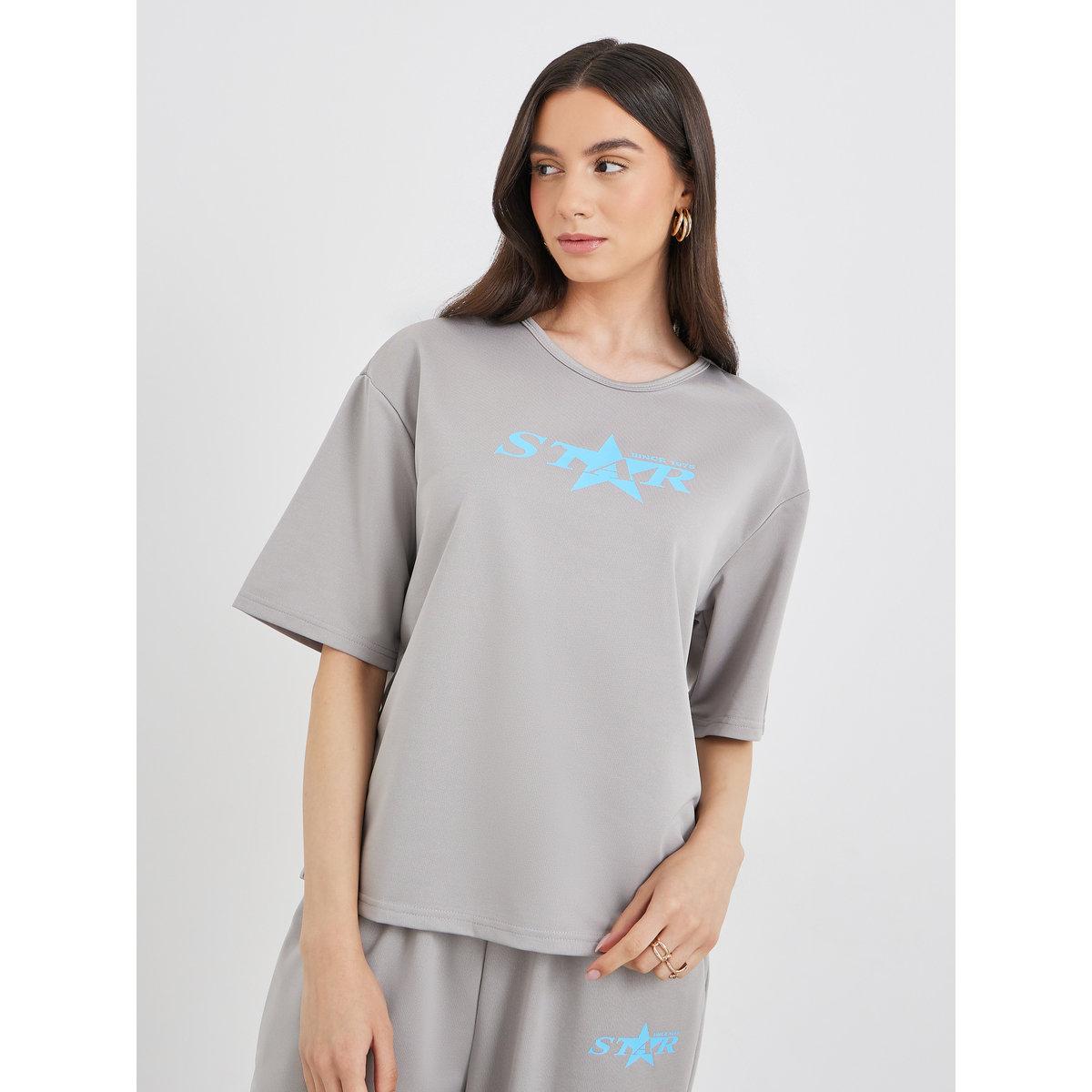 Styli Grey Star Print T-Shirt and Pants Co-Ords-women-clothing-coordsets-image-2